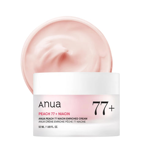 ANUA Peach 77 Niacin Enriched Cream 50ml jar showing the unique pudding texture for radiant glass-skin and Korean face moisturizing.