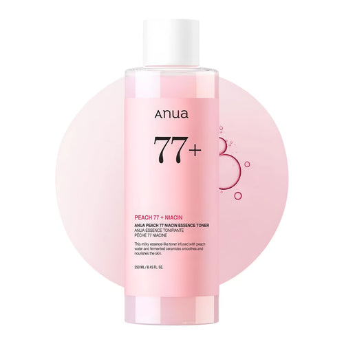 ANUA Peach 77 Niacin Essence Toner 250ml bottle for smooth glass skin texture and K-beauty peachy glow care.