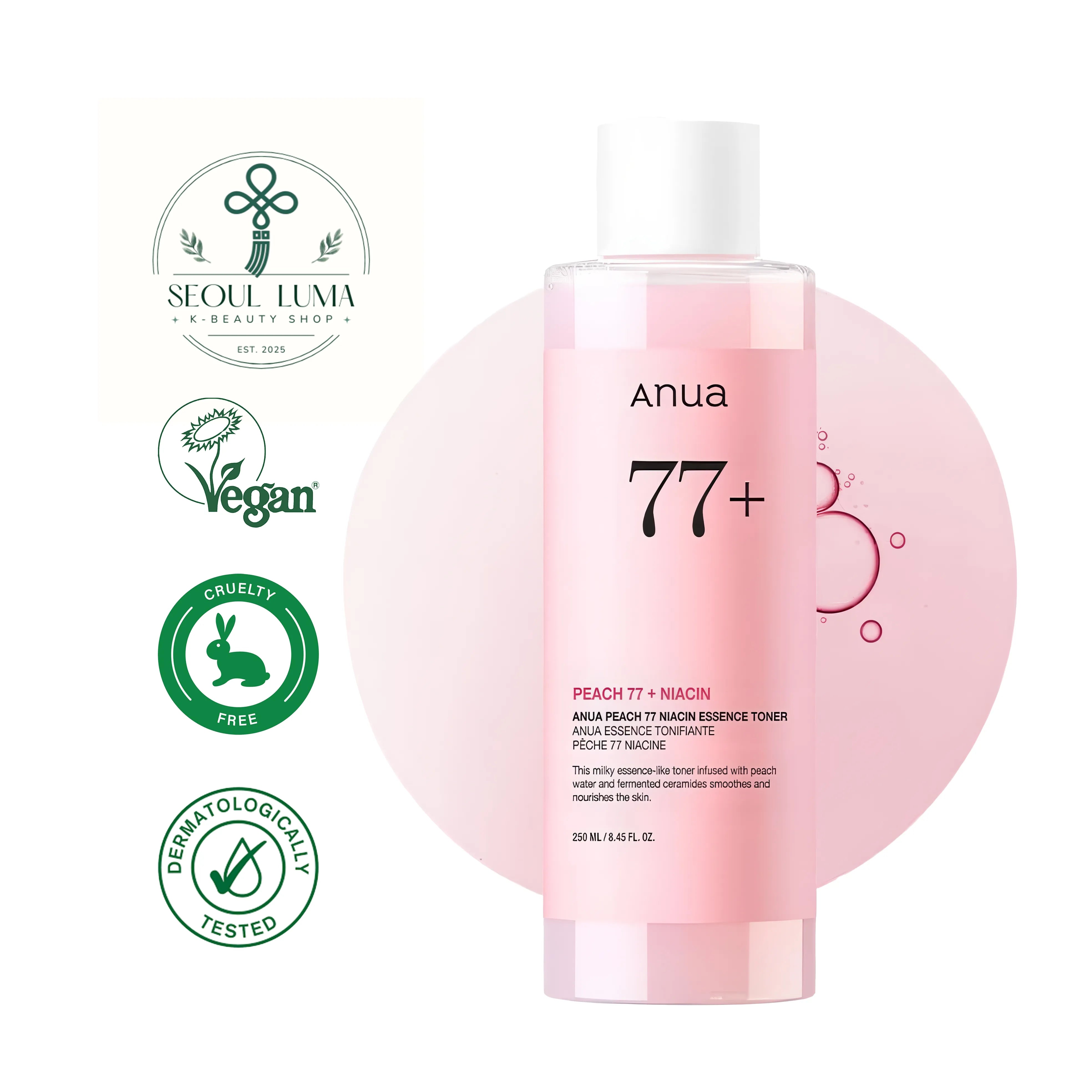ANUA Peach 77 Niacin Essence Toner with 77% peach extract, Peach Melting Peel technology, and pink yeast ferment for brightening and hydration