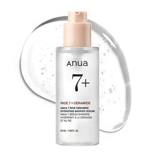 ANUA Rice 7 Ceramide Hydrating Barrier Serum 50ml dropper bottle for intensive barrier repair and K-beauty deep hydrating care.