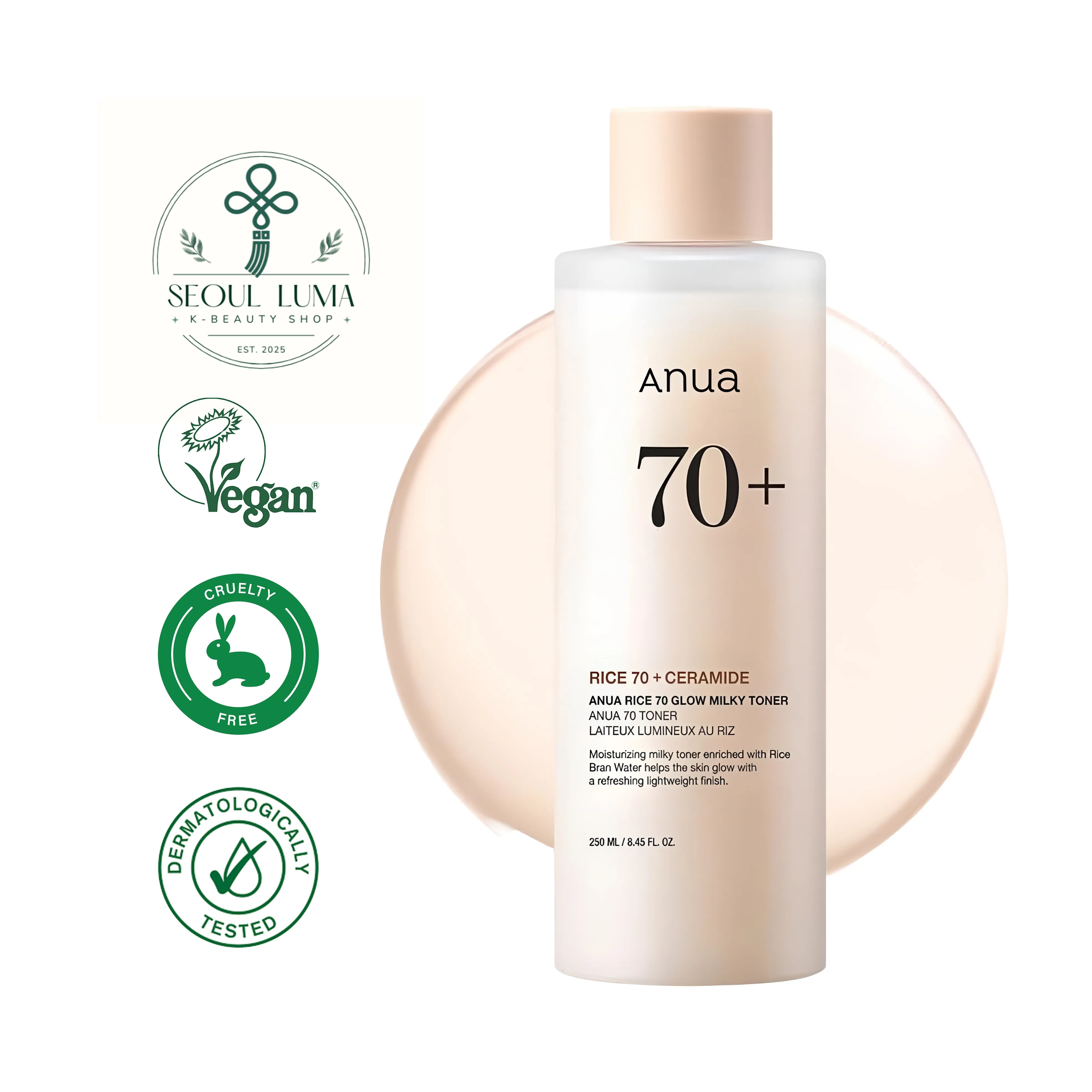 ANUA Rice 70 Glow Milky Toner with 70% rice bran water, niacinamide, and ceramides for ultimate glass skin effect and barrier repair