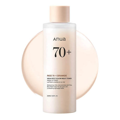Anua Rice 70 Glow Milky Toner 250ml bottle for deep hydration and K-beauty glass skin milky glow care.