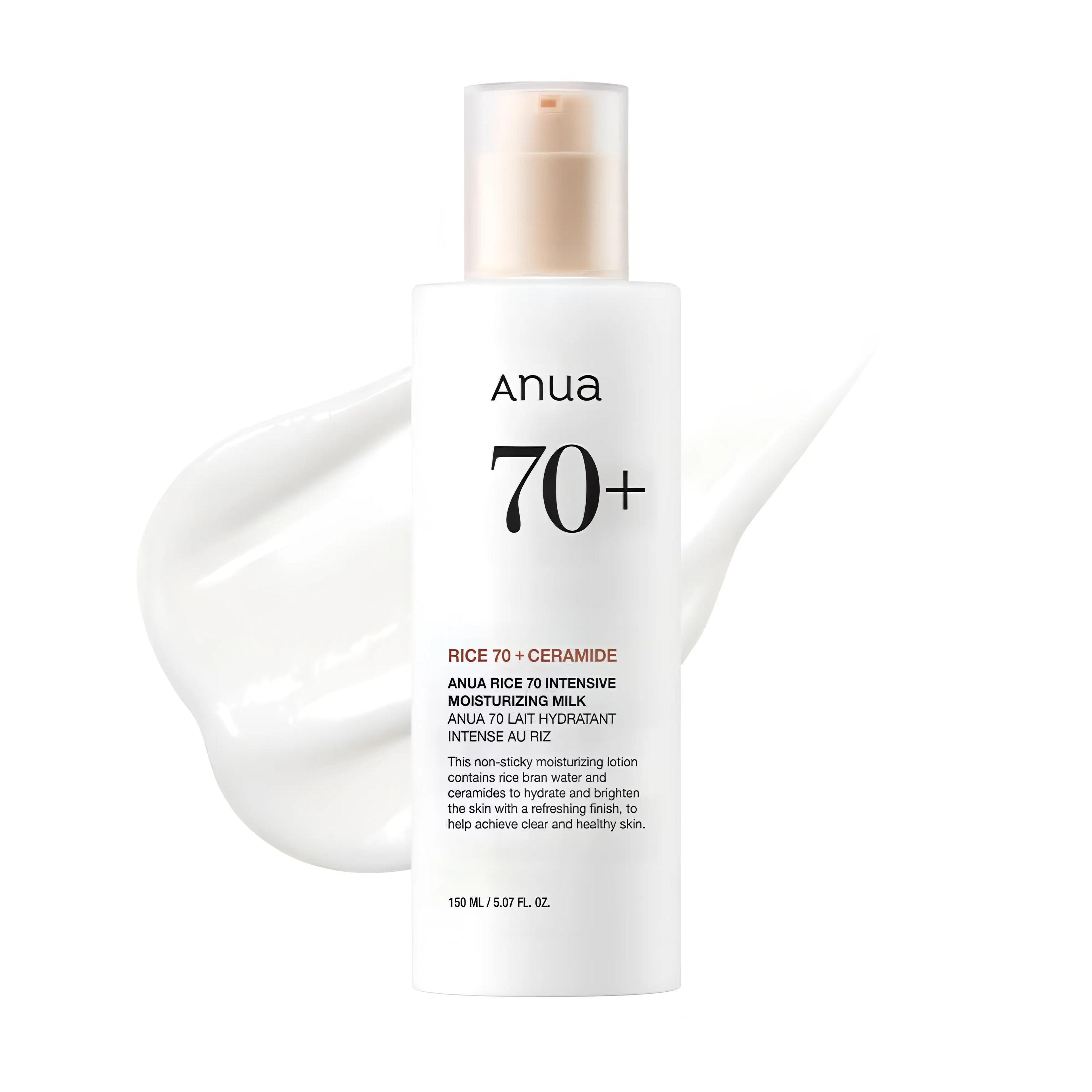 Front view of Anua Rice 70 Intensive Moisturizing Milk in a 150ml bottle, showcasing its minimalist aesthetic and lightweight milky texture. This K-beauty moisturizer uses 70% Rice Bran Water and Ceramides to brighten dull skin and strengthen the moisture barrier for a radiant glass skin finish. Ideal for dry and sensitive skin types looking for a non-greasy, glowing complexion.