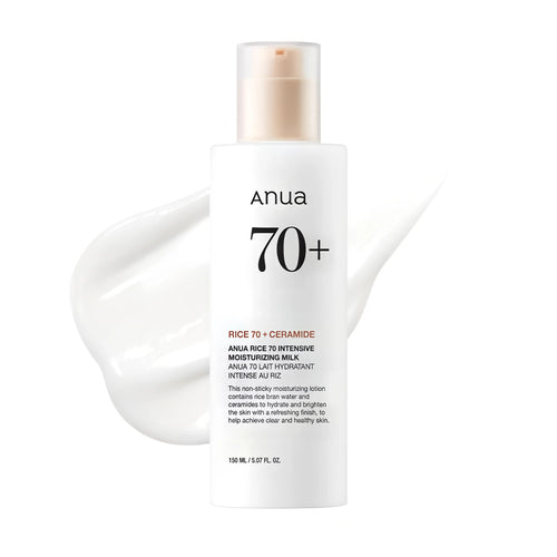 Anua Rice 70 Intensive Moisturizing Milk 150ml bottle for deep barrier repair and K-beauty milky glow care.