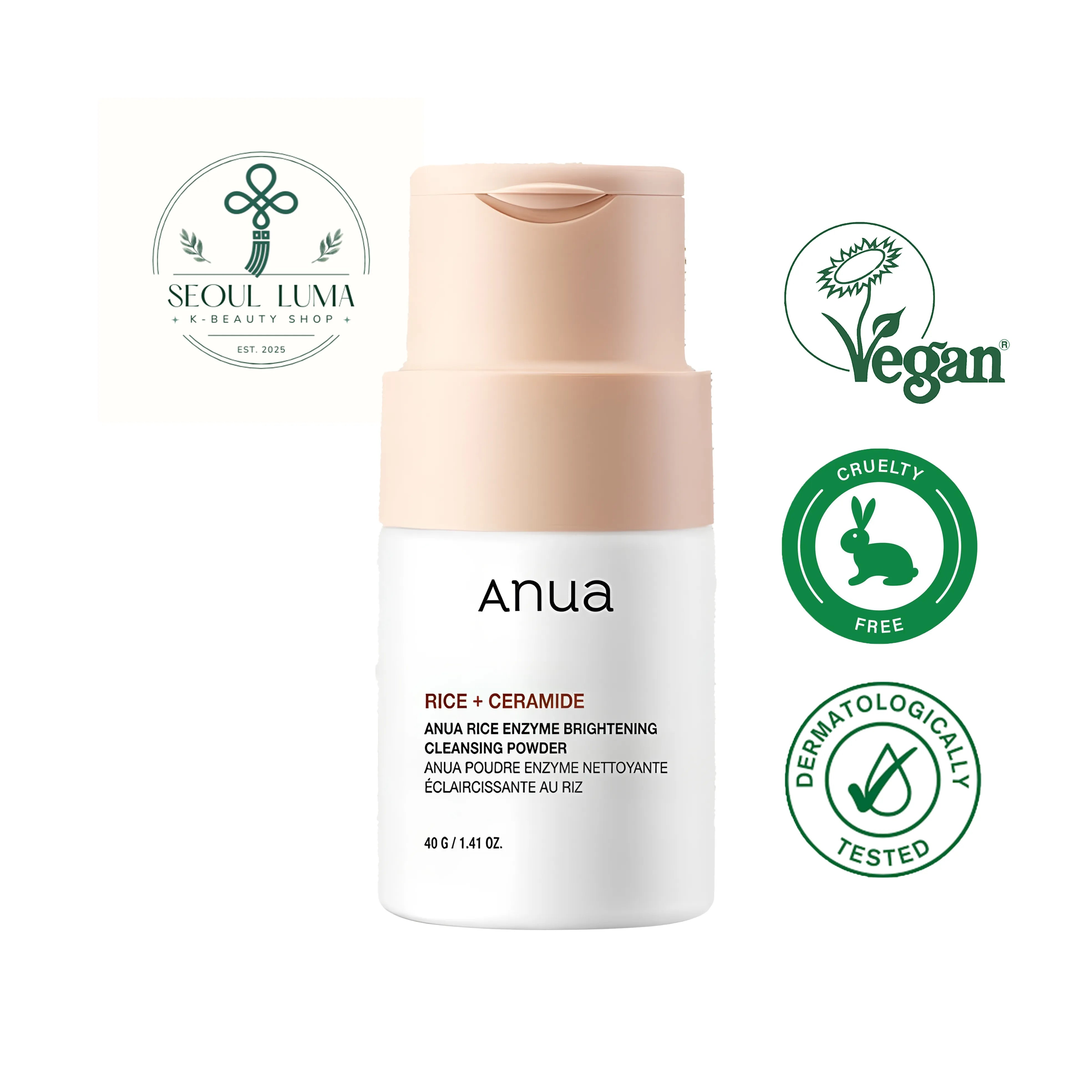 ANUA Rice Enzyme Brightening Cleansing Powder with ANUA Rice Water+, alpha-arbutin, and papain enzyme for dual-purpose cleansing and brightening