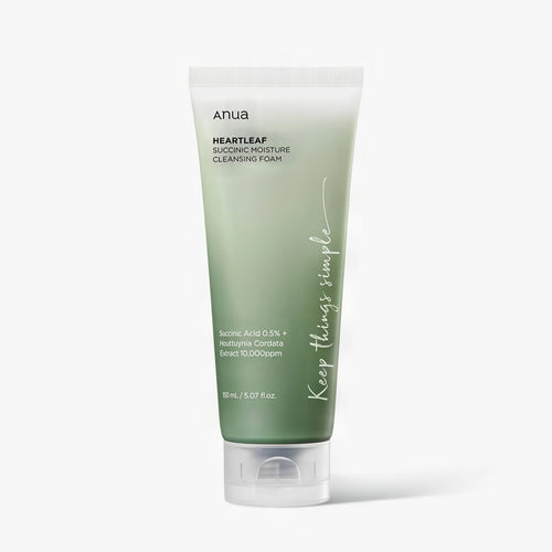 Anua Heartleaf Succinic Moisture Cleansing Foam 150ml tube for acne care and K-beauty gentle pore exfoliation.
