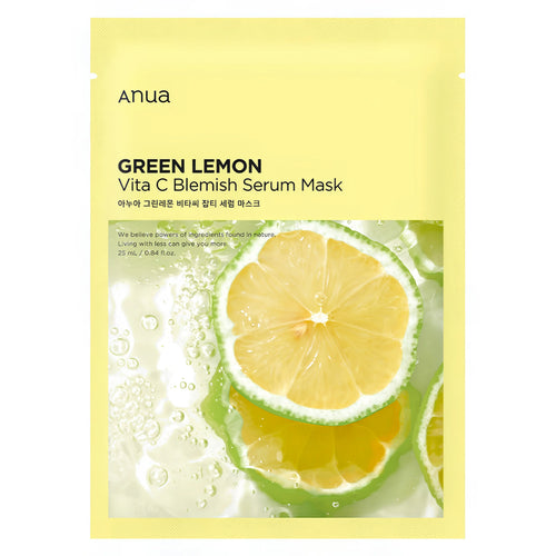 ANUA Vitamin C Blemish Serum Mask (10 Sheets) box and serum-saturated sheet mask for dark spot correction and Korean brightening care.