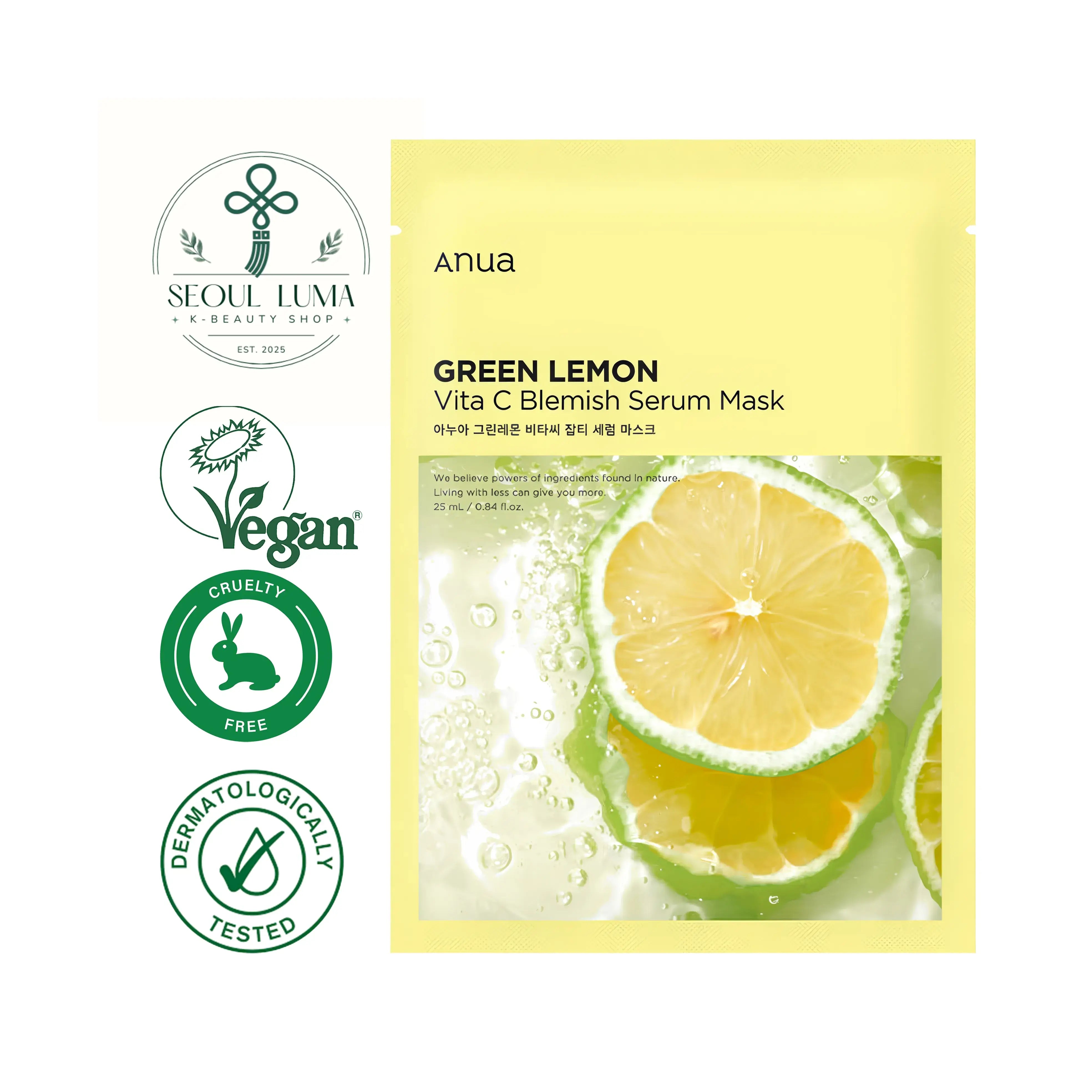 Anua Vitamin C Blemish Serum Mask with green lemon extract, vitamin C, and glutathione for brightening and blemish control