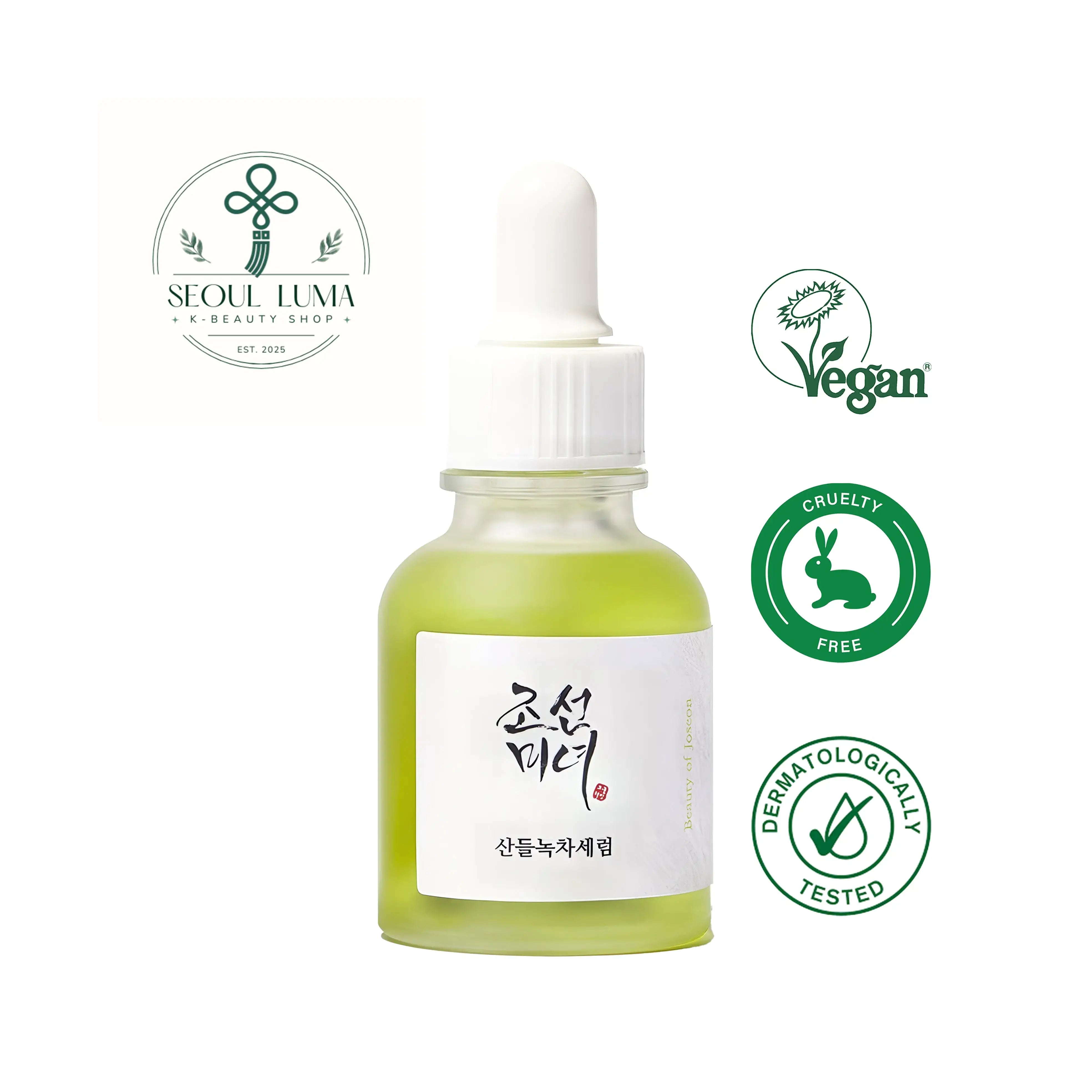 Beauty of Joseon Calming Serum with 76% green tea leaf water, 5% panthenol, and mugwort extract for soothing irritated and sensitive skin
