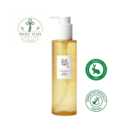 Beauty of Joseon Ginseng Cleansing Oil with 50% soybean oil, 0.1% ginseng seed oil, and traditional herbal extracts for gentle makeup removal