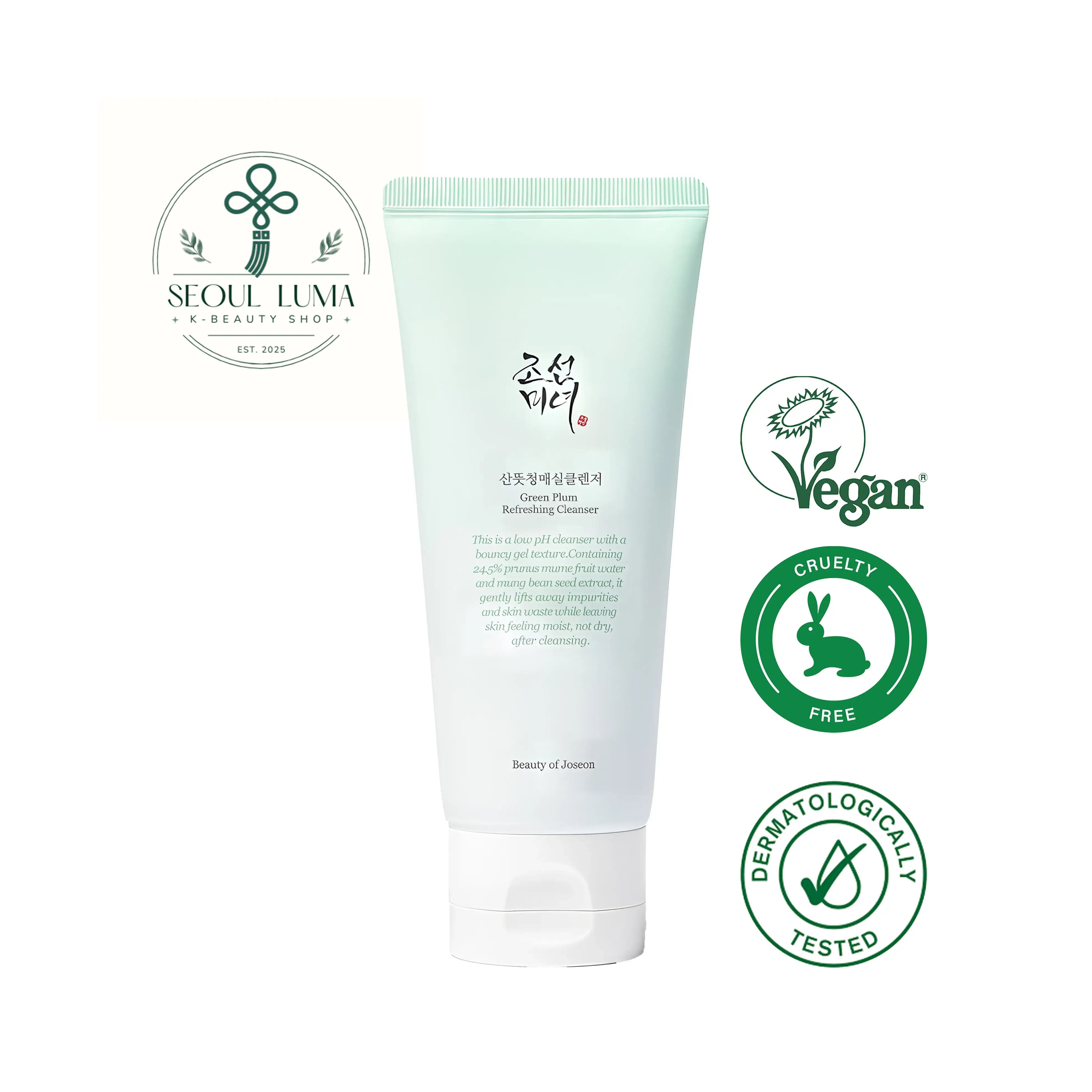 Beauty of Joseon Green Plum Refreshing Cleanser with 24% green plum water and 3% mung bean extract for gentle, hydrating cleansing