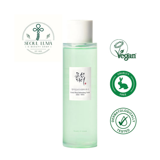 Beauty of Joseon Green Plum Refreshing Toner with 25% green plum water, 2% glycolic acid, and 0.5% salicylic acid for gentle daily exfoliation
