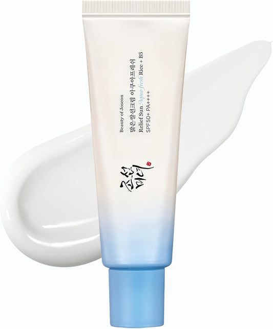 Beauty of Joseon Relief Sun Aqua-fresh Rice + B5 SPF50+ PA++++ (50ml). A lightweight watery sunscreen for oily skin that absorbs quickly without white cast