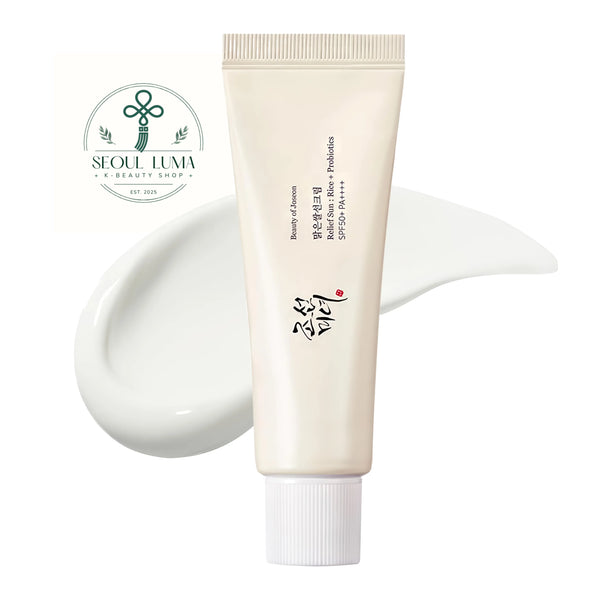 Beauty of Joseon Relief Sun Rice and Probiotics SPF50+ PA++++ (50ml). A lightweight, creamy chemical sunscreen that provides high UV protection and deep hydration with 30% rice extract and grain fermented extracts without a white cast