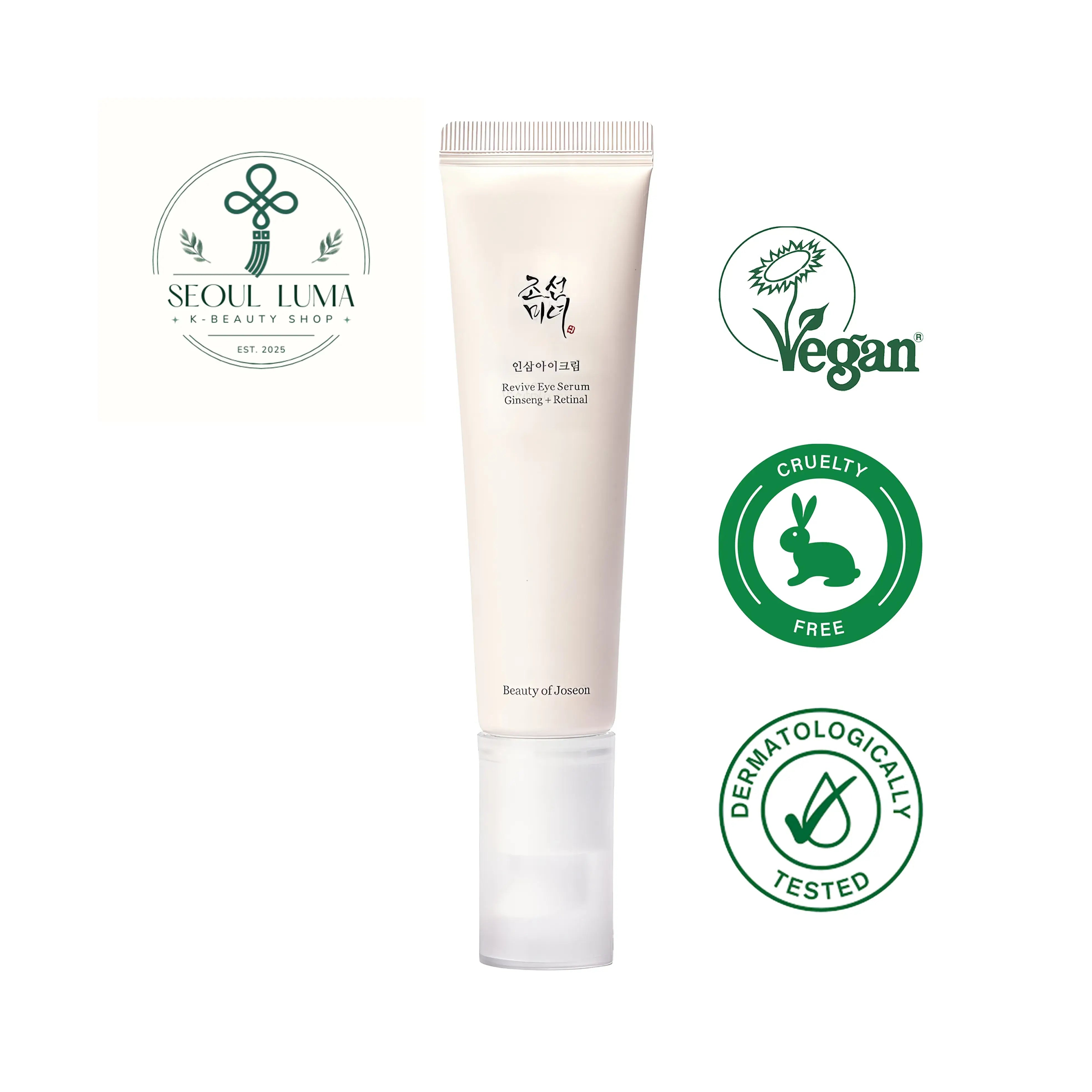 Beauty of Joseon Revive Eye Serum with 10% ginseng root extract, 0.02% retinal, and peptides for reducing fine lines and improving eye area firmness