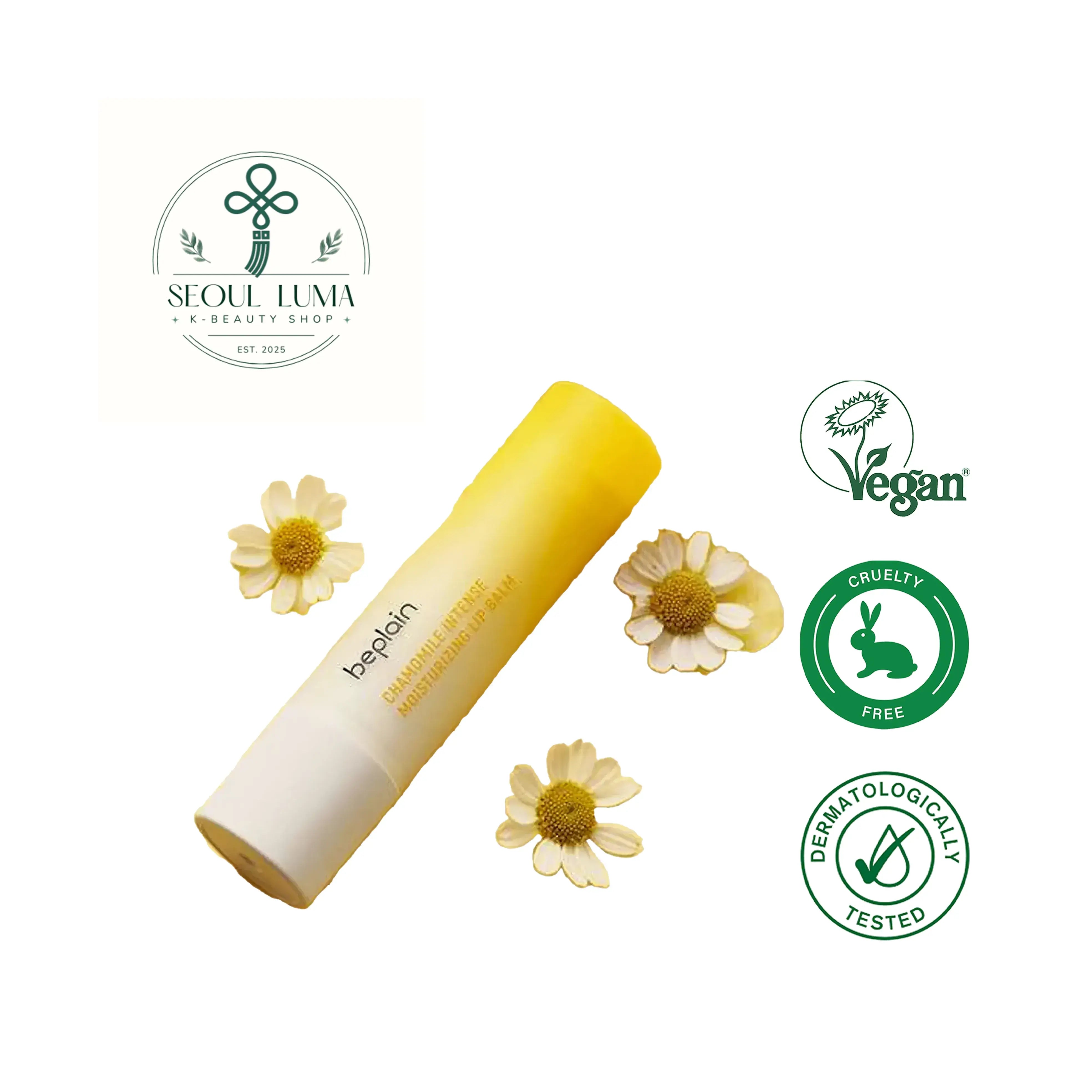 BEPLAIN Chamomile Dual Moisturizing Lip Balm with Roman chamomile extract, ceramide NP, and plant-derived oils for intensive lip care and barrier protection