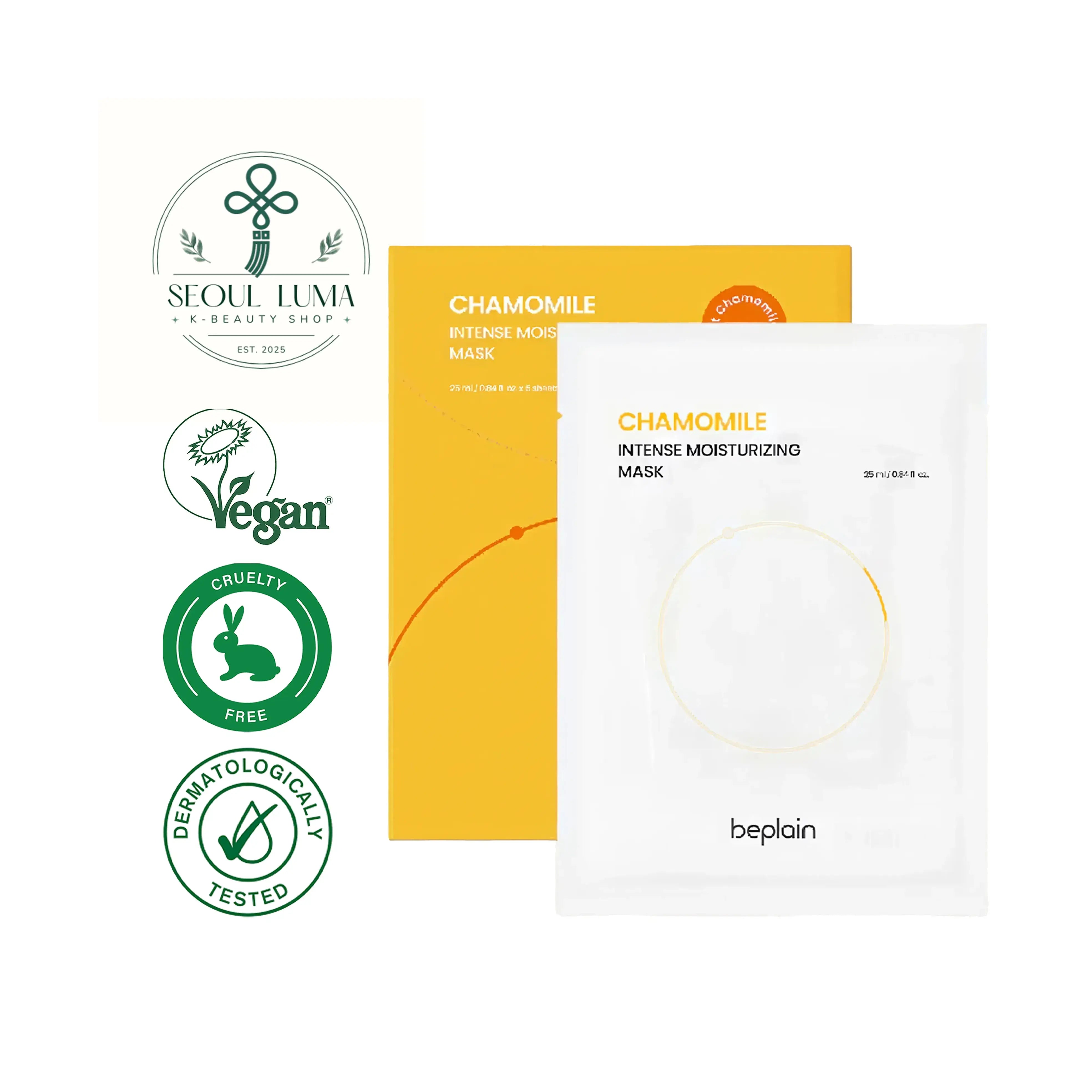 BEPLAIN Chamomile Intense Moisturizing Mask with 80% chamomile flower extract, vegan oat milk, and triple hyaluronic acid for deep hydration and soothing
