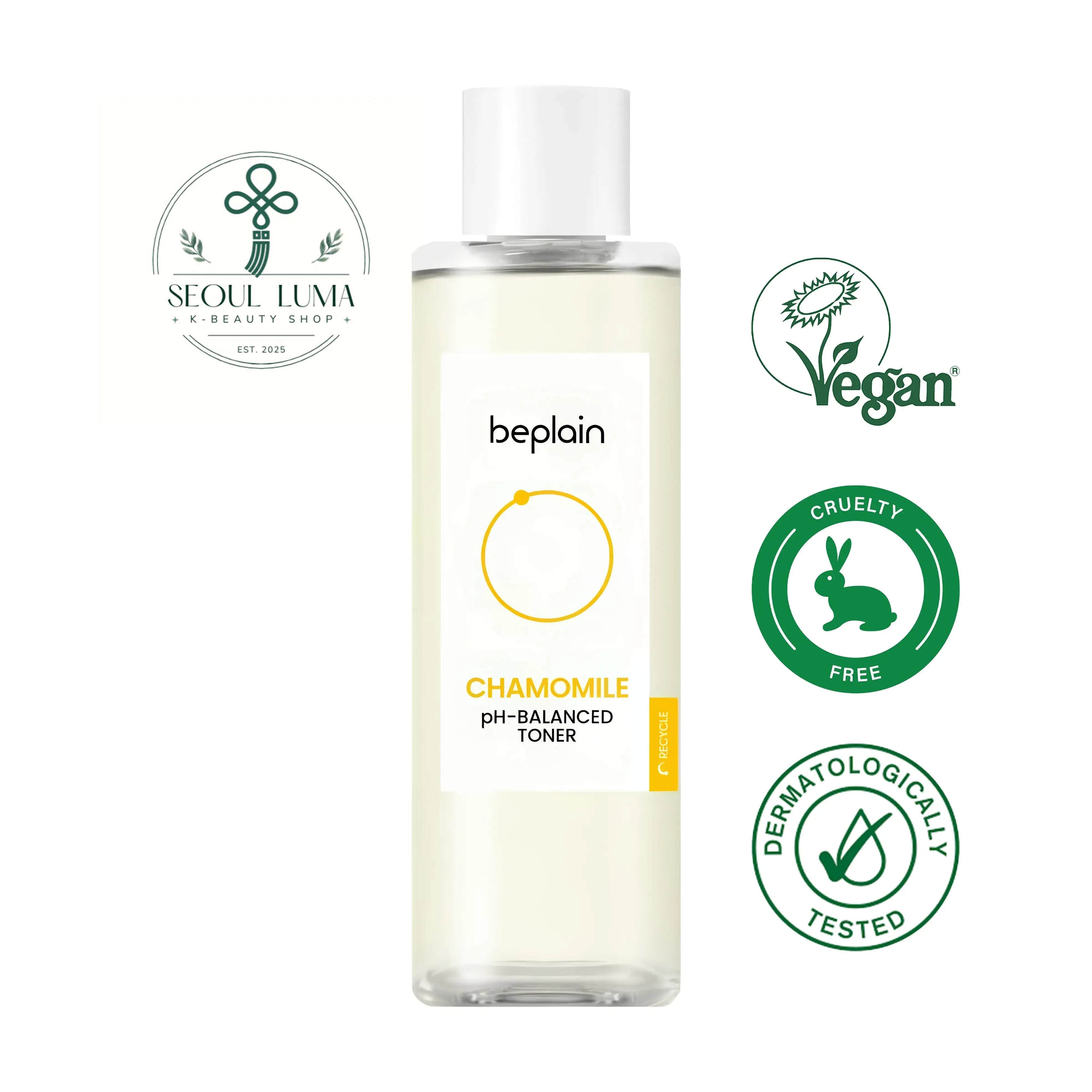 BEPLAIN Chamomile pH-Balanced Toner with 80.6% chamomile extract, centella asiatica, and ceramide NP for gentle hydration and soothing