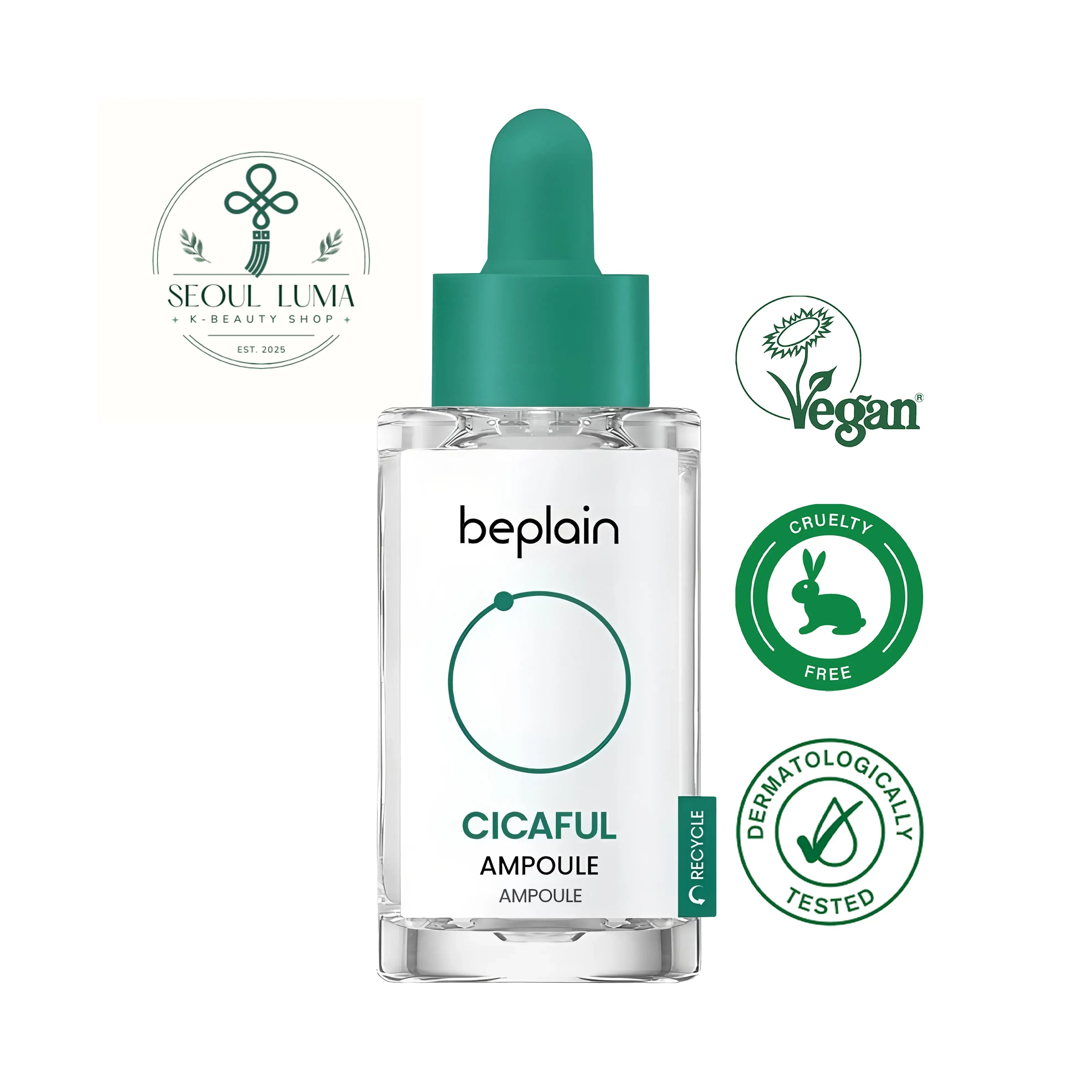 BEPLAIN Cicaful Ampoule with 84.28% centella asiatica extract, fermented rice, chamomile flower extract, and hyaluronic acid for intensive skin healing