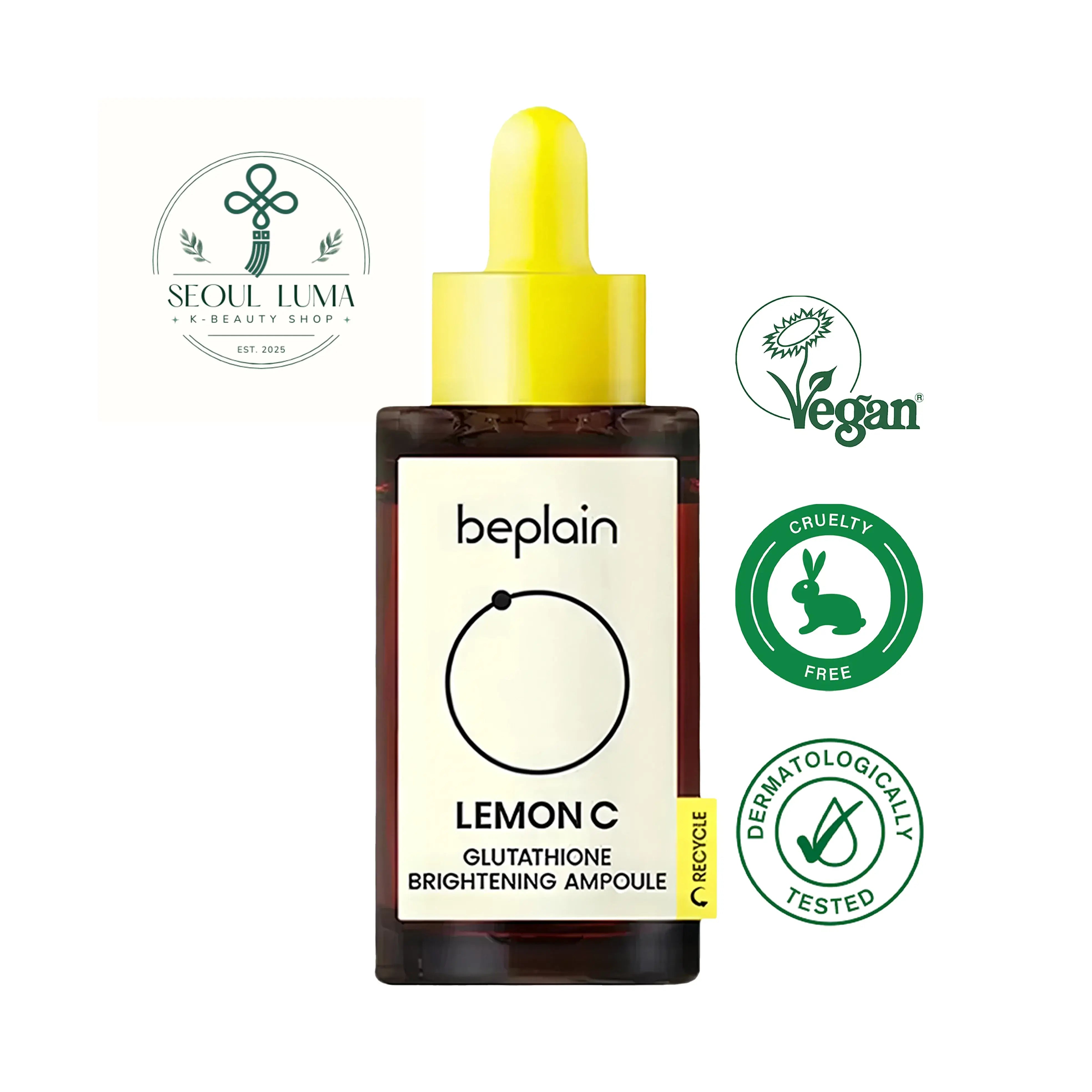 BEPLAIN Lemon C Glutathione Brightening Ampoule with fresh Jeju lemon juice, glutathione, vitamin C derivatives, and gentle acids for skin tone improvement