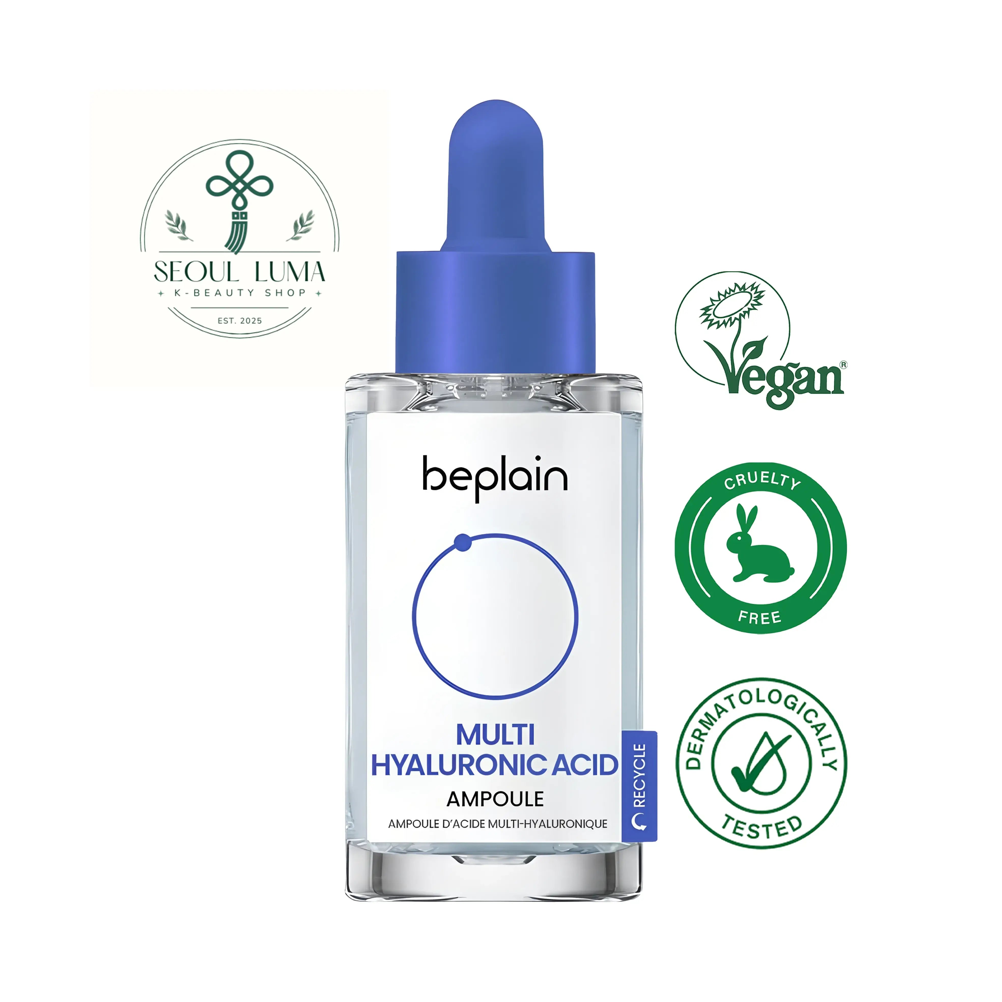 BEPLAIN Multi Hyaluronic Acid Ampoule with plant-derived hyaluronic acid, ceramide NP, tremella fuciformis, and peptides for deep hydration and barrier repair
