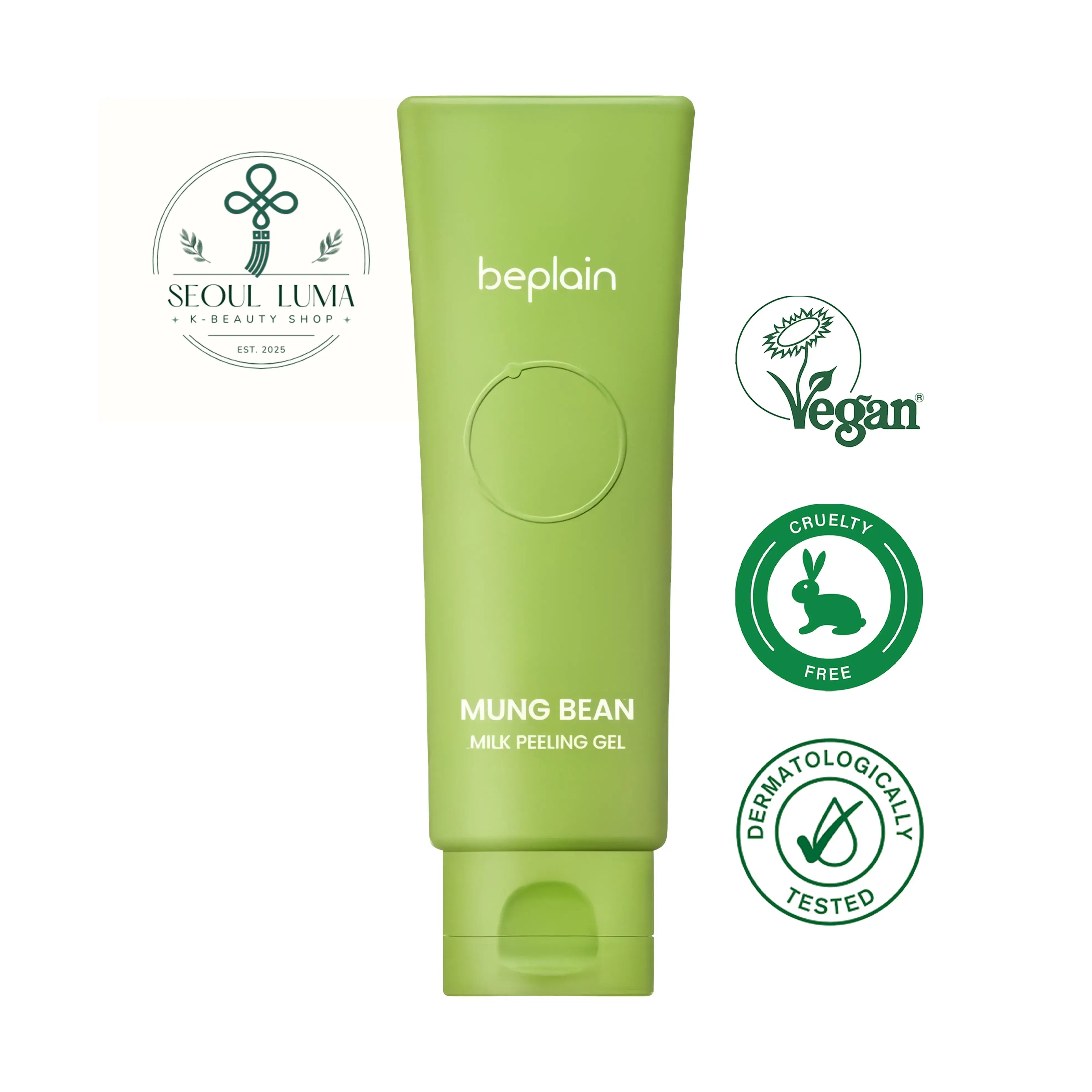 BEPLAIN Mung Bean Milk Peeling Gel with 4,011ppm mung bean extract, fermented soymilk, PHA, LHA, and polymer peeling technology for gentle exfoliation