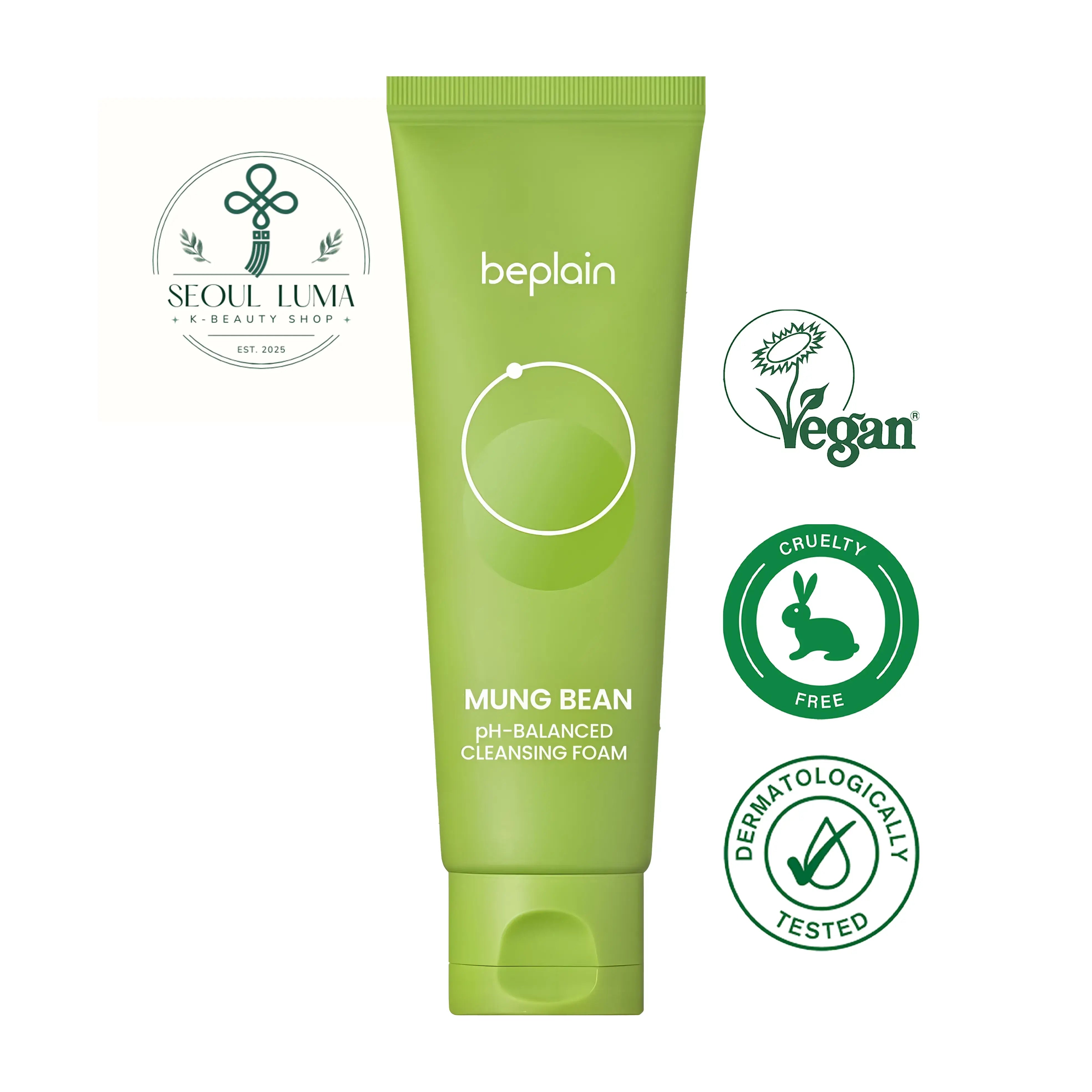 BEPLAIN Mung Bean pH-Balanced Cleansing Foam with mung bean seed powder, green tea leaf powder, ceramide NP, and pH 5.5 formula for gentle daily cleansing