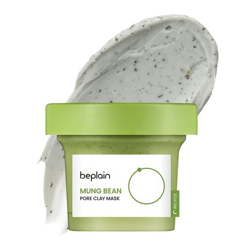 BEPLAIN Mung Bean Pore Clay Mask 120ml jar showing the creamy non-drying wash-off clay texture for Korean pore clearing and sebum absorption.