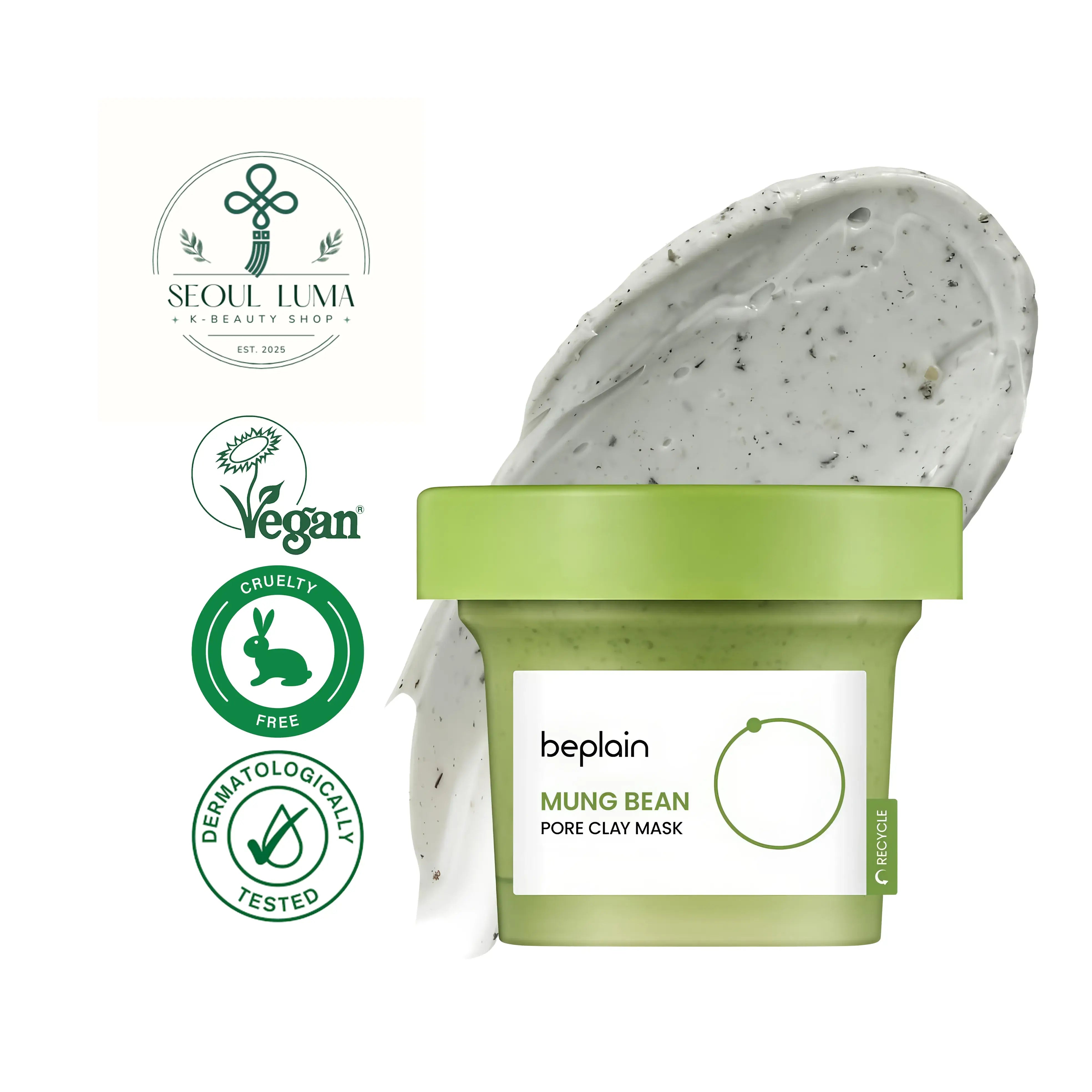 BEPLAIN Mung Bean Pore Clay Mask with 11% mung bean extract, 6-clay complex, niacinamide, and calamine for deep pore purification and sebum control