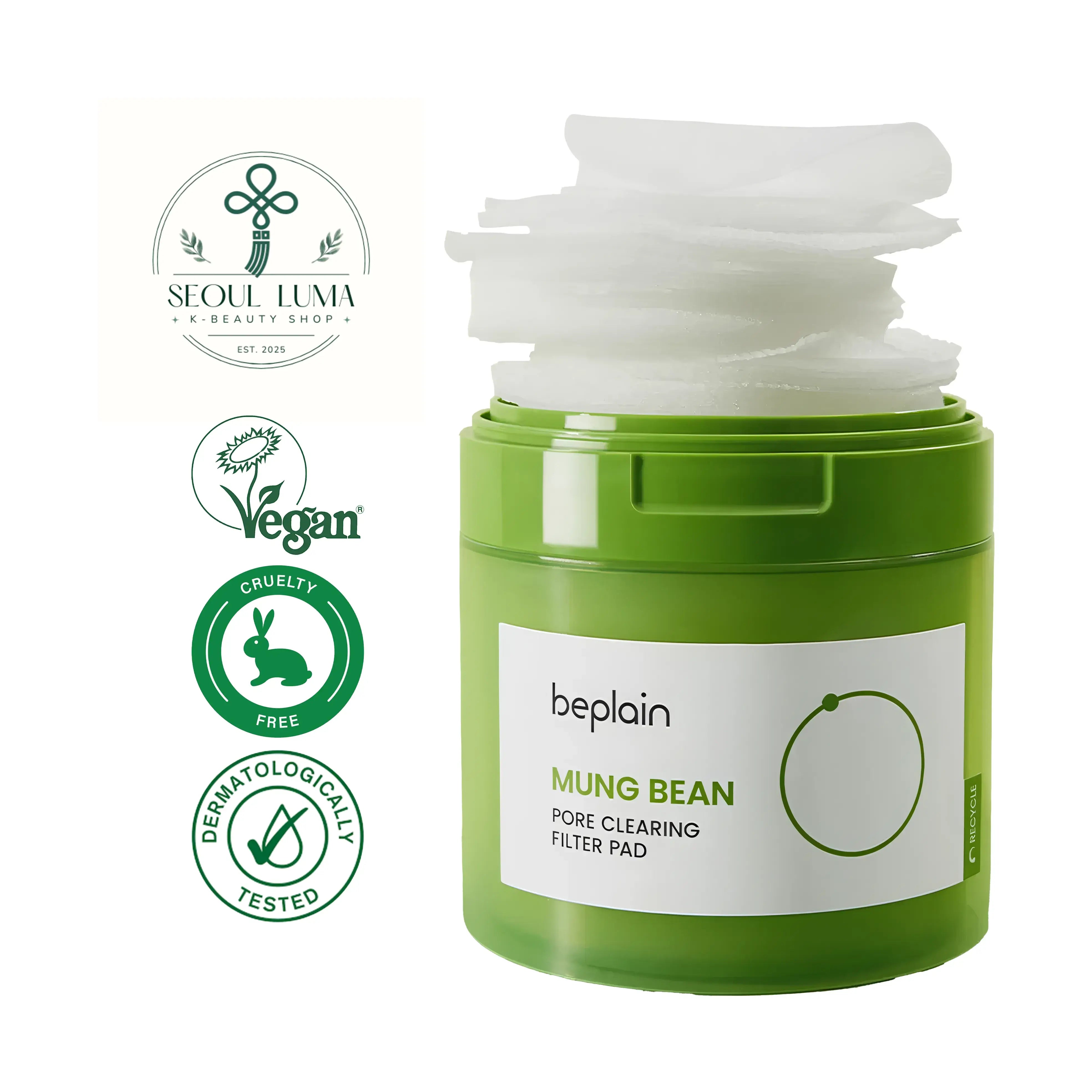 BEPLAIN Mung Bean Pore Clearing Filter Pad with dual-textured design, 1mm dense filter technology, and 70 vegan pads soaked in mung bean water