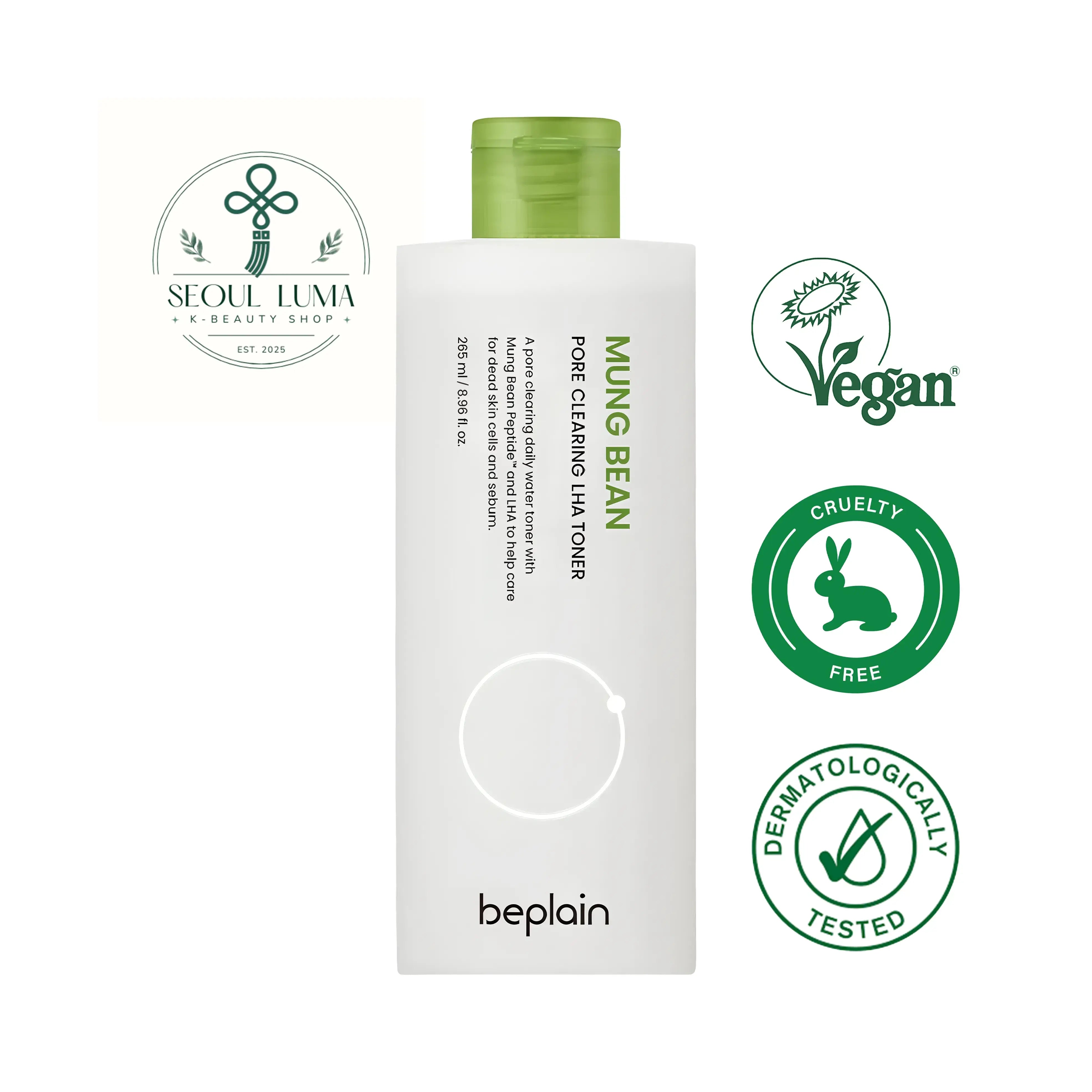 BEPLAIN Mung Bean Pore Clearing LHA Toner with Mung Bean Peptide, LHA (capryloyl salicylic acid), and 11 peptides for gentle pore care