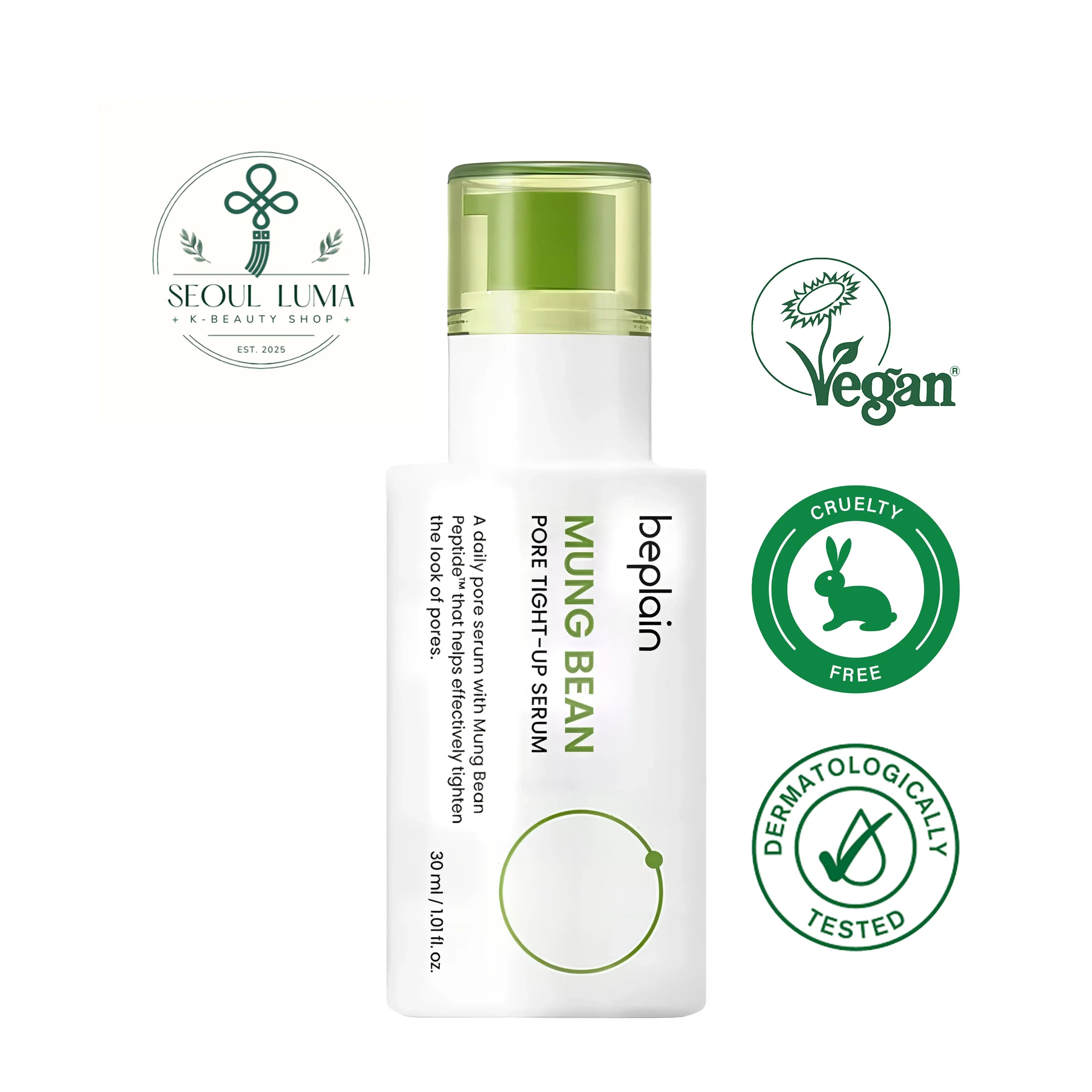 BEPLAIN Mung Bean Pore Tight-Up Serum with mung bean extract, niacinamide, acetyl hexapeptide-8, and cooling menthoxypropanediol for visible pore tightening