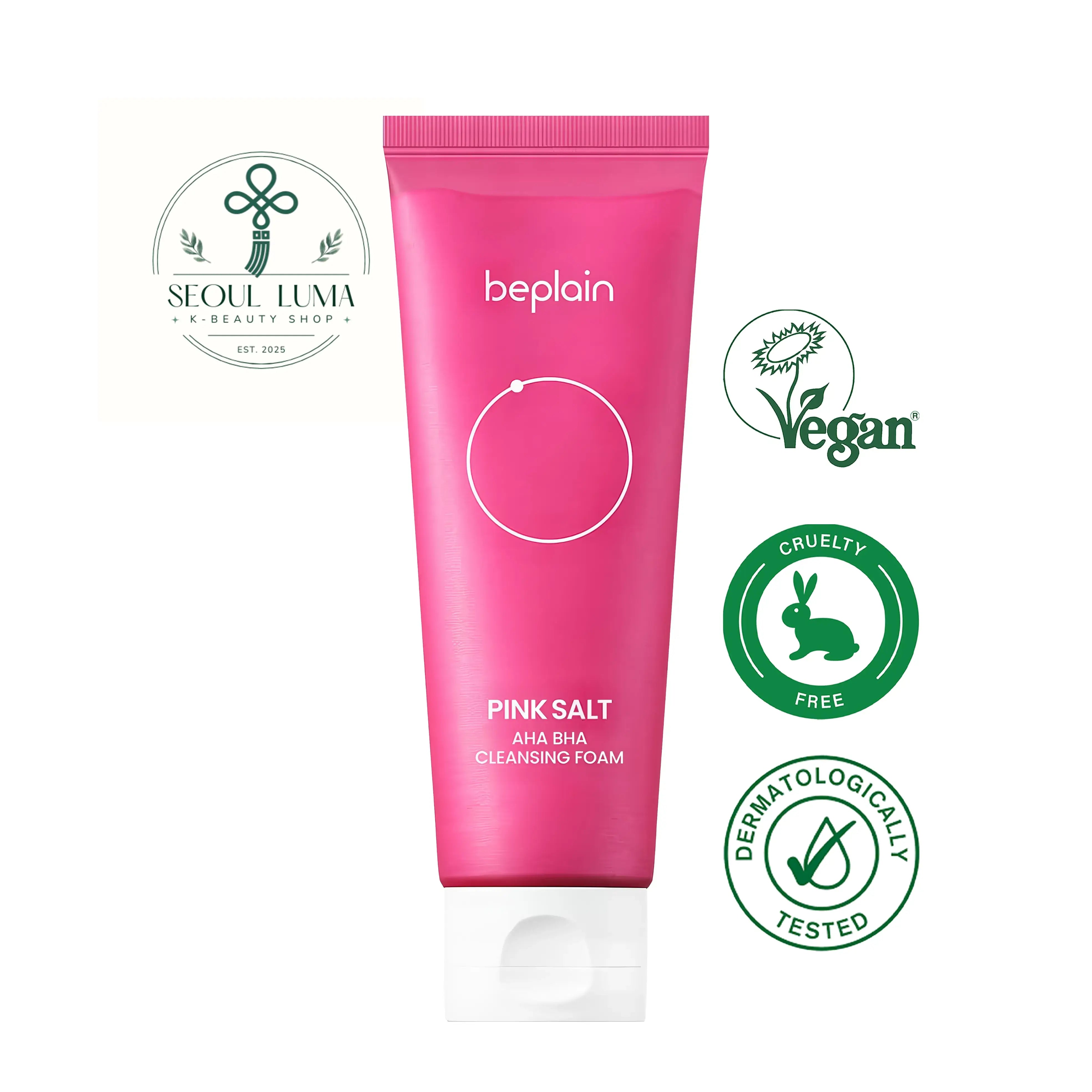 BEPLAIN Pink Salt AHA BHA Cleansing Foam with pink salt capsules, salicylic acid, plant-derived AHA, and niacinamide for deep pore cleansing and exfoliation