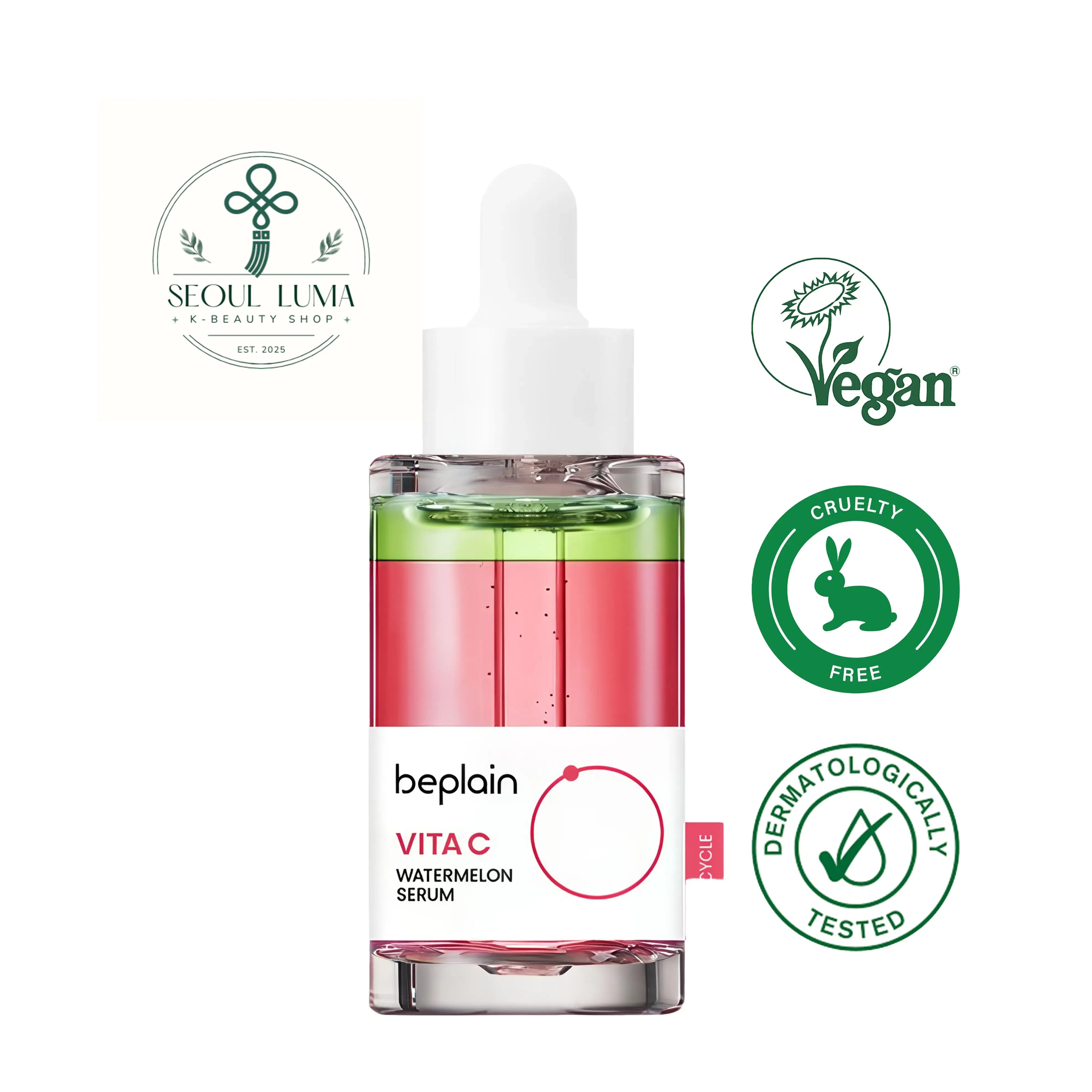 BEPLAIN Vita C Watermelon Serum dual-layer formula with watermelon extract, vitamin C, glutathione, and caffeine for brightening and antioxidant protection