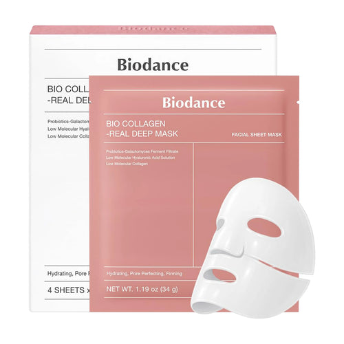 Biodance Bio-Collagen Real Deep Mask 4ea box and a hydrogel sheet turning transparent for Korean collagen pore tightening and elasticity care.