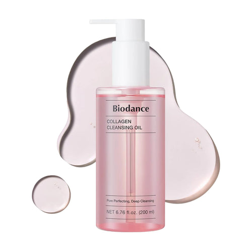 Biodance Collagen Cleansing Oil 200ml pump bottle showing the silky fluid texture emulsifying into a milky wash for Korean blackhead and firming care.