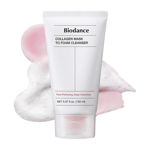 Biodance Collagen Pack to Foam Cleanser 150ml tube and the pinkish clay-to-foam texture showing the rich transformation lather for Korean pore tightening.