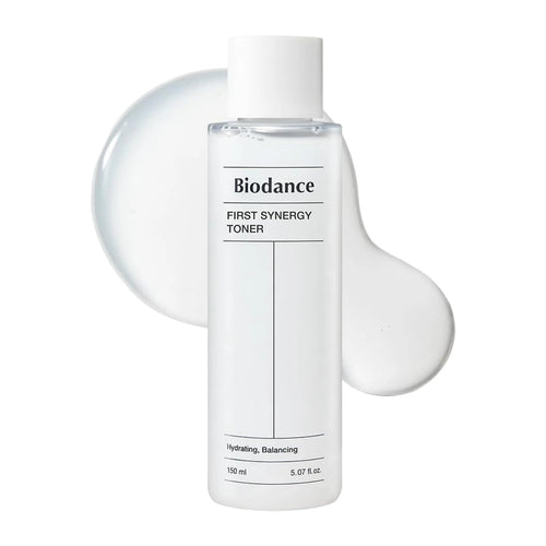 Biodance First Synergy Toner 150ml clear bottle showing the hydrating watery liquid texture for Korean skin prepping and booster care.