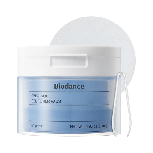 Biodance Cera-nol Gel Toner Pad 60ea container showing the milky hydrogel sheets for Korean barrier repair and thermal cooling care.