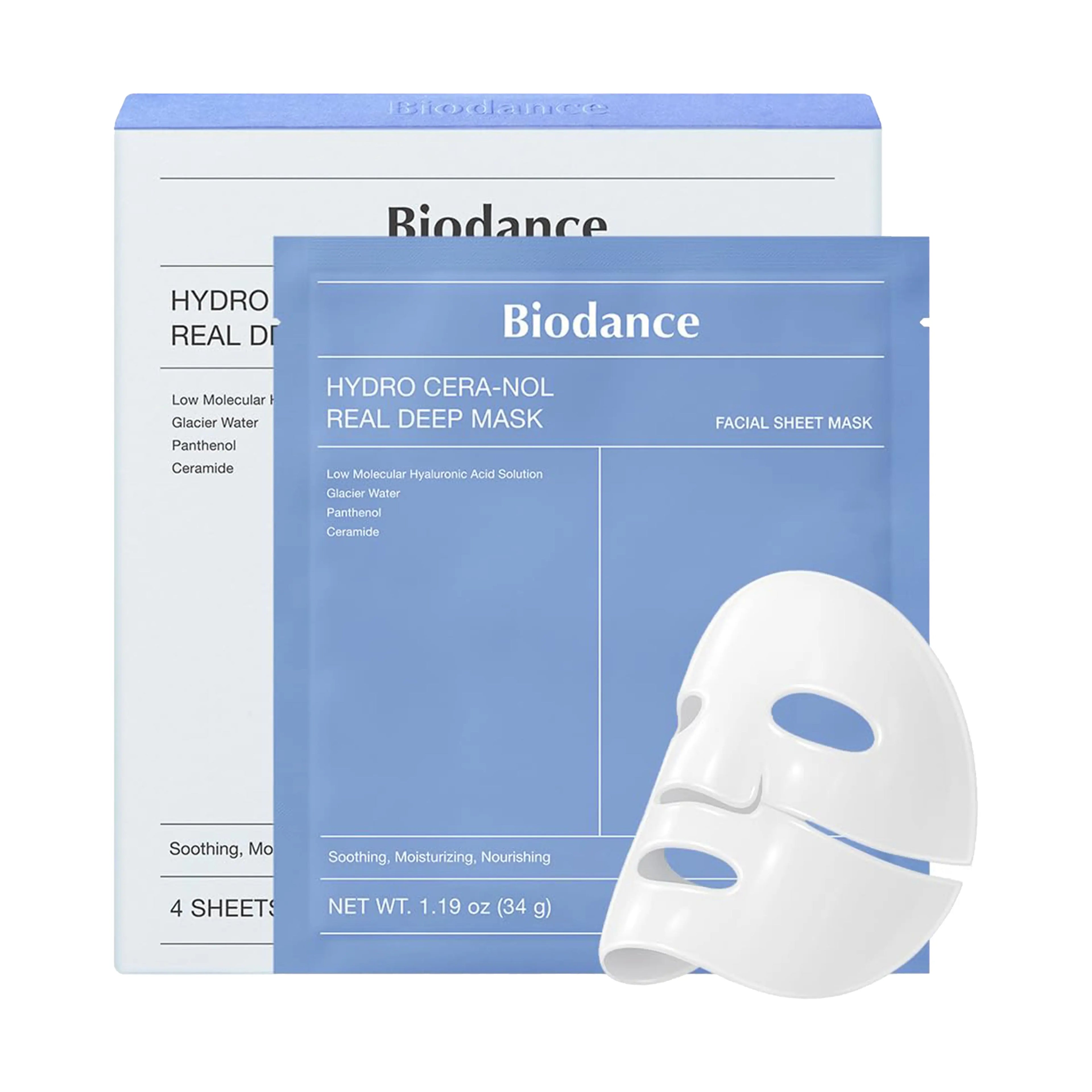 Biodance Hydro Cera-nol Real Deep Mask 4ea. A soothing overnight hydrogel mask with Ceramides and Panthenol to calm red and irritated skin.