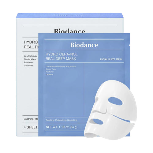 Biodance Hydro Cera-nol Real Deep Mask 4ea box and a hydrogel sheet turning transparent for Korean barrier repair and overnight soothing care.