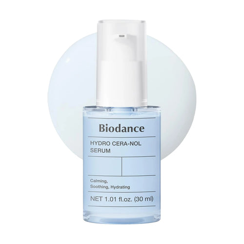 Biodance Hydro Cera-nol Serum 30ml dropper bottle showing the soothing milky fluid texture for Korean skin barrier repair and recovery.