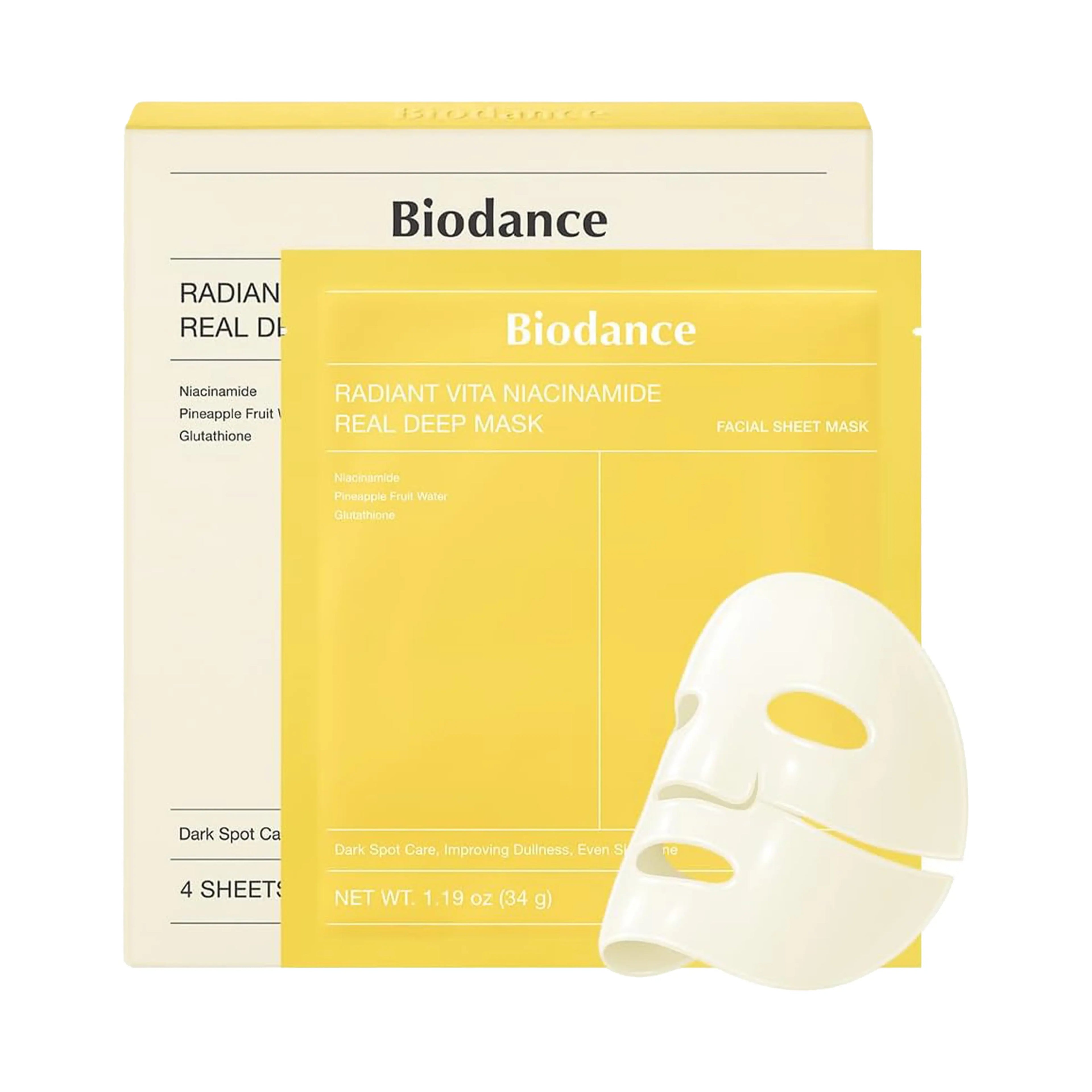 Biodance Radiant Vita Niacinamide Real Deep Mask 4ea. An overnight brightening hydrogel mask to fade dark spots and boost radiance.