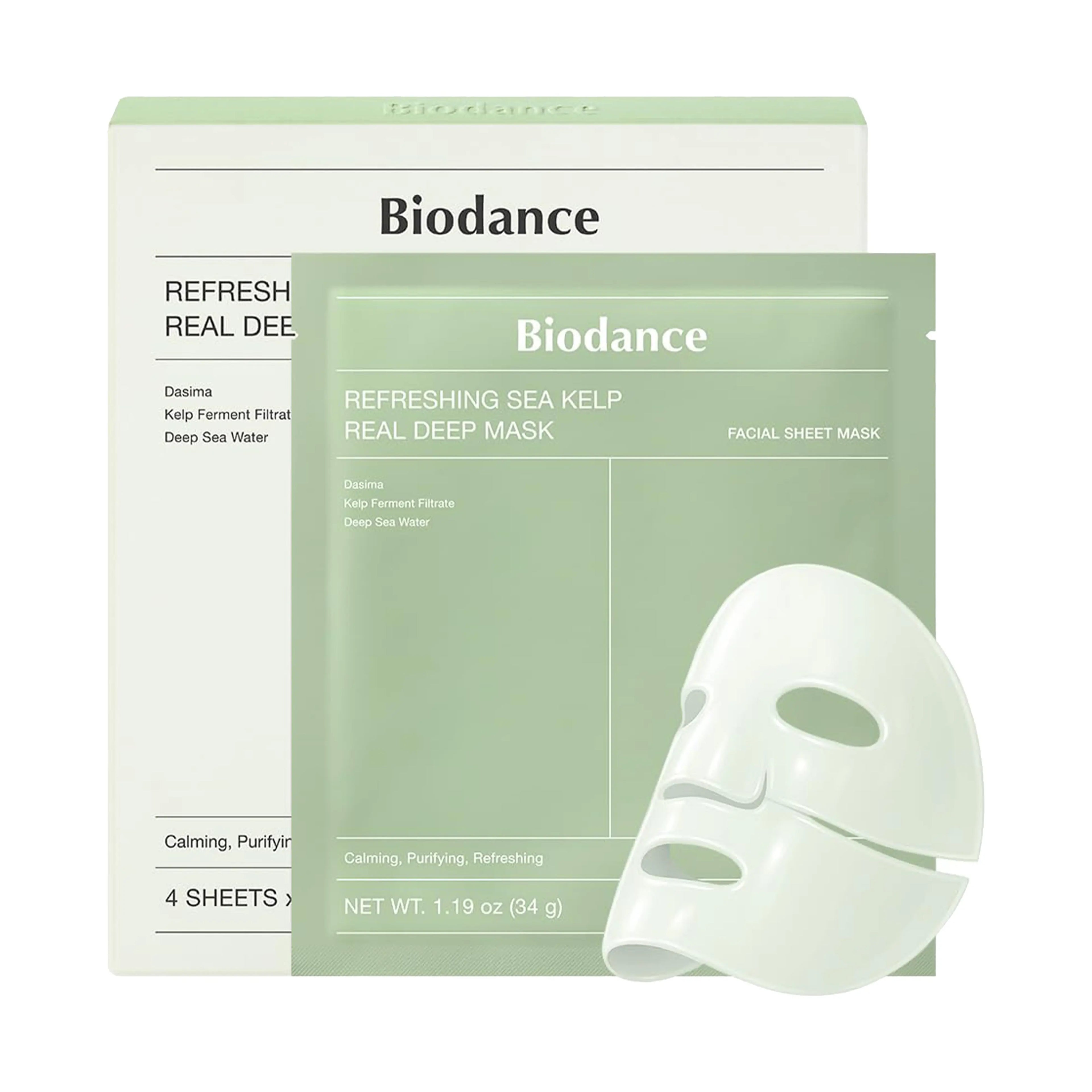 Biodance Refreshing Sea Kelp Real Deep Mask 4ea. A cooling overnight hydrogel mask with sea kelp to tighten pores and refresh heated skin.