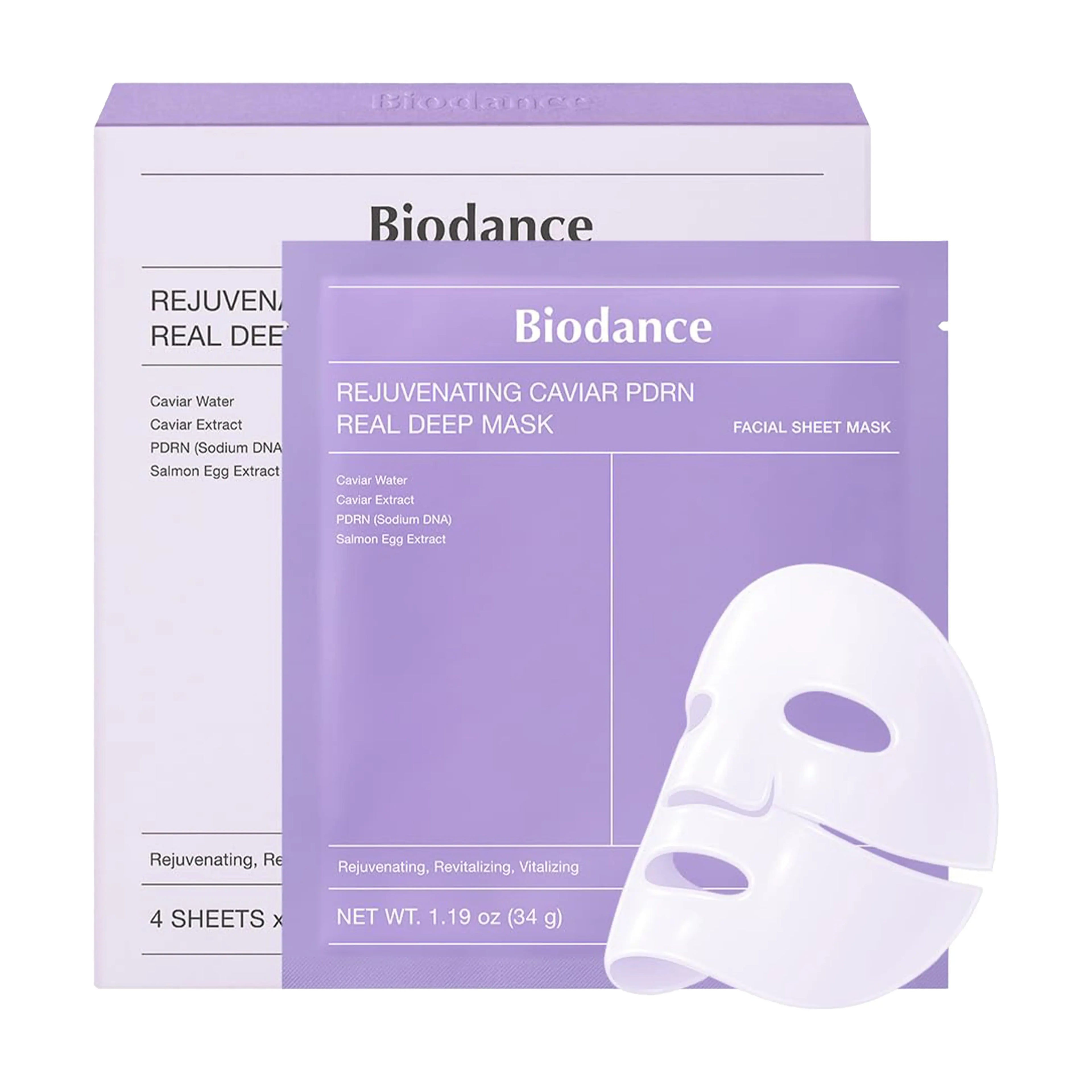 Biodance Rejuvenating Caviar PDRN Real Deep Mask 4ea. A premium overnight hydrogel mask with Caviar and PDRN to repair skin and smooth wrinkles.