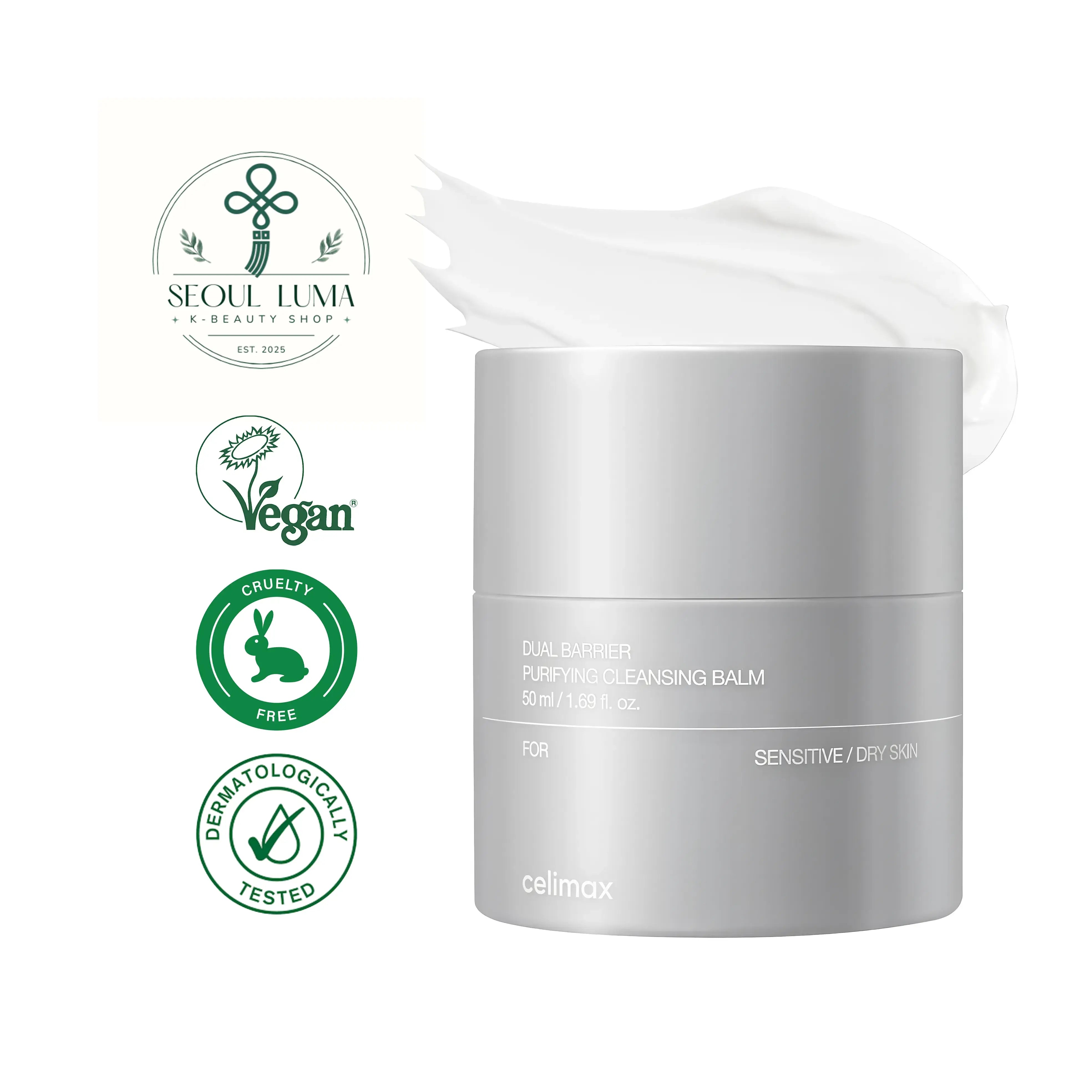 Dual-Barrier Purifying Cleansing Balm with innovative grinder packaging, 5 ceramides, vitamins B5 and E for gentle makeup removal and barrier support