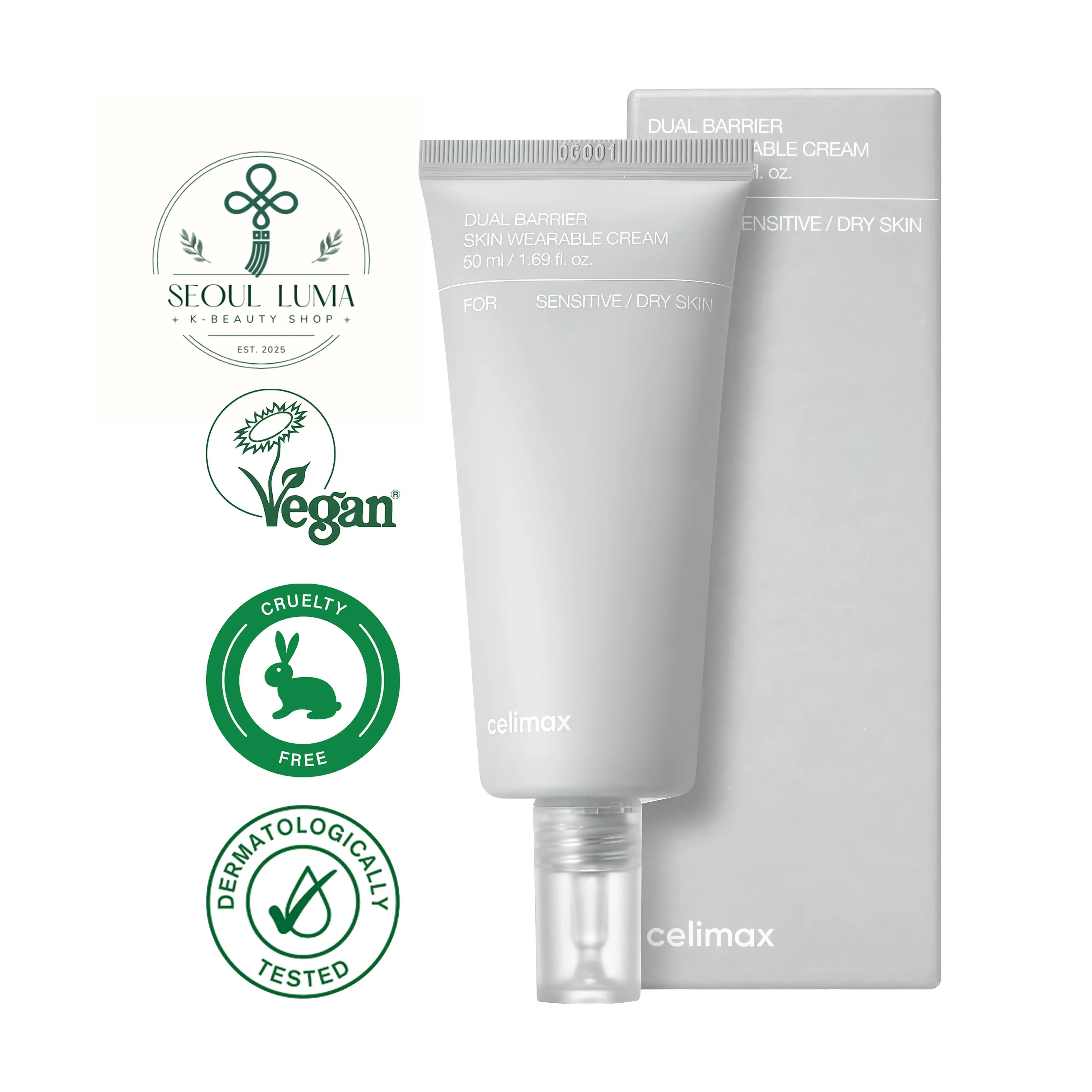 CELIMAX Dual-Barrier Skin Wearable Cream with ceramides, peptides, hyaluronic acid, and olive oil for intensive barrier repair and hydration