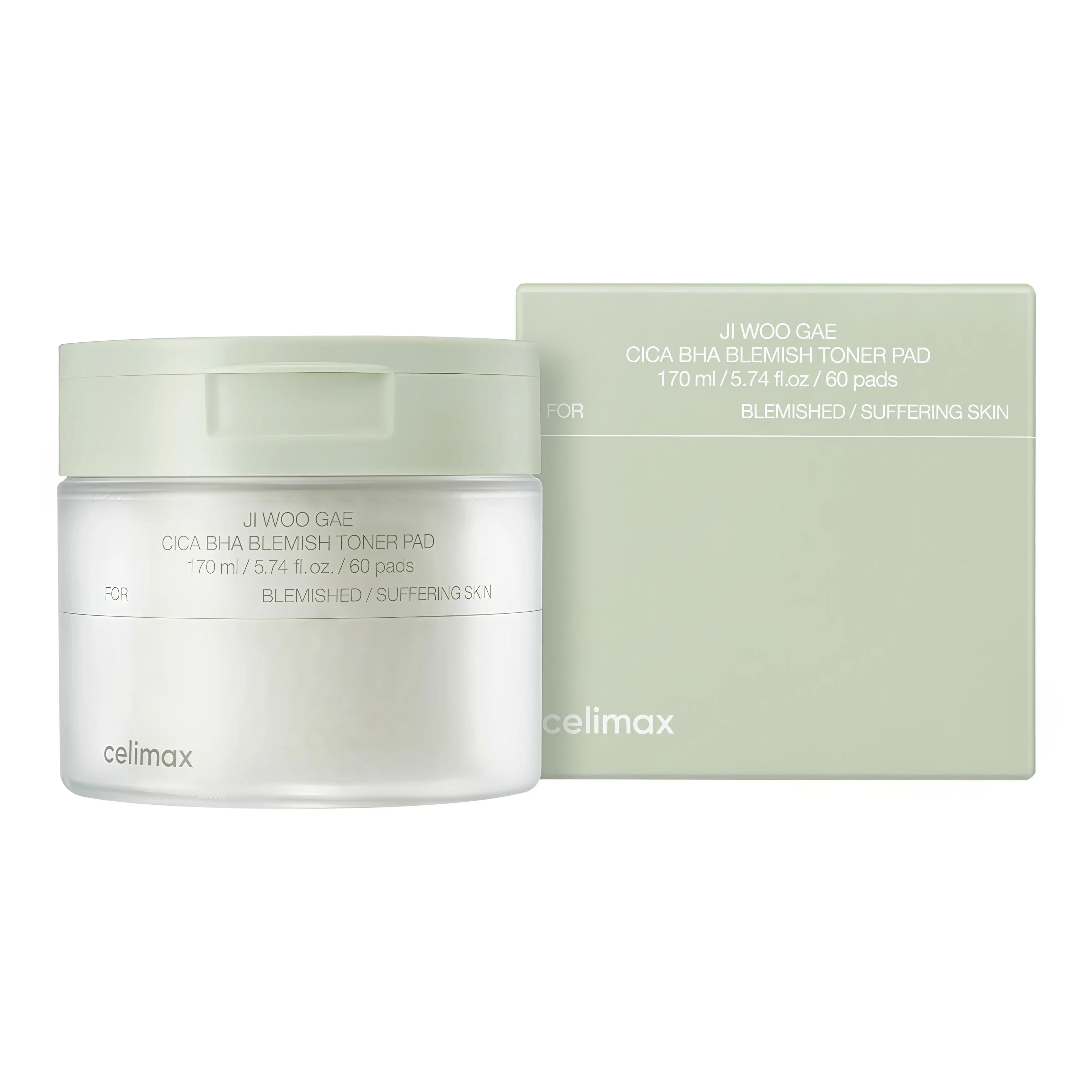 CELIMAX Ji Woo Gae Cica BHA Blemish Toner Pad 60 pads for oily and acne-prone skin, exfoliating toner pads with BHA and centella asiatica to unclog pores, remove dead skin cells, calm irritation, and smooth skin texture