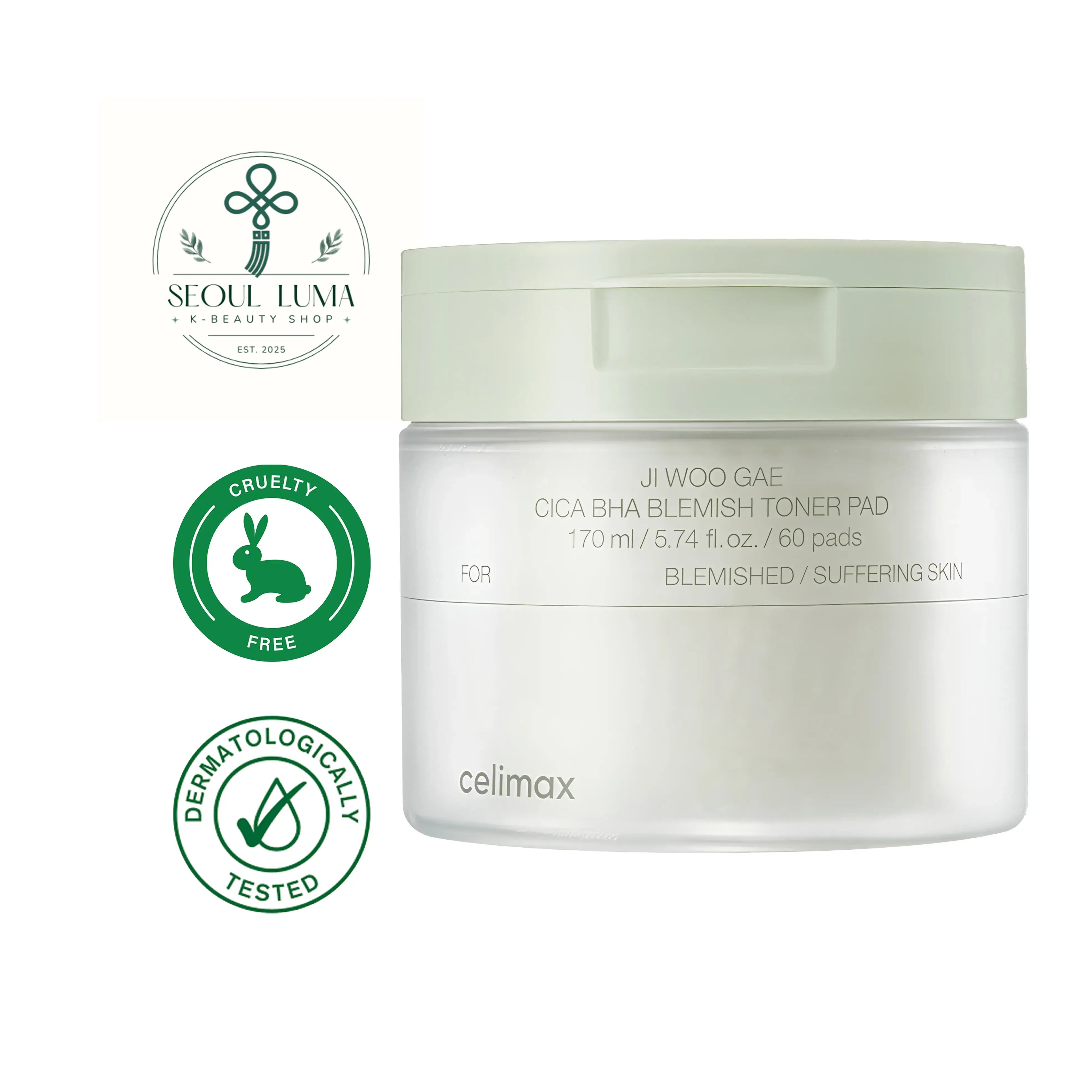 CELIMAX Ji Woo Gae Cica BHA Blemish Toner Pad with BHA, PHA, LHA and centella asiatica for exfoliation and sebum control
