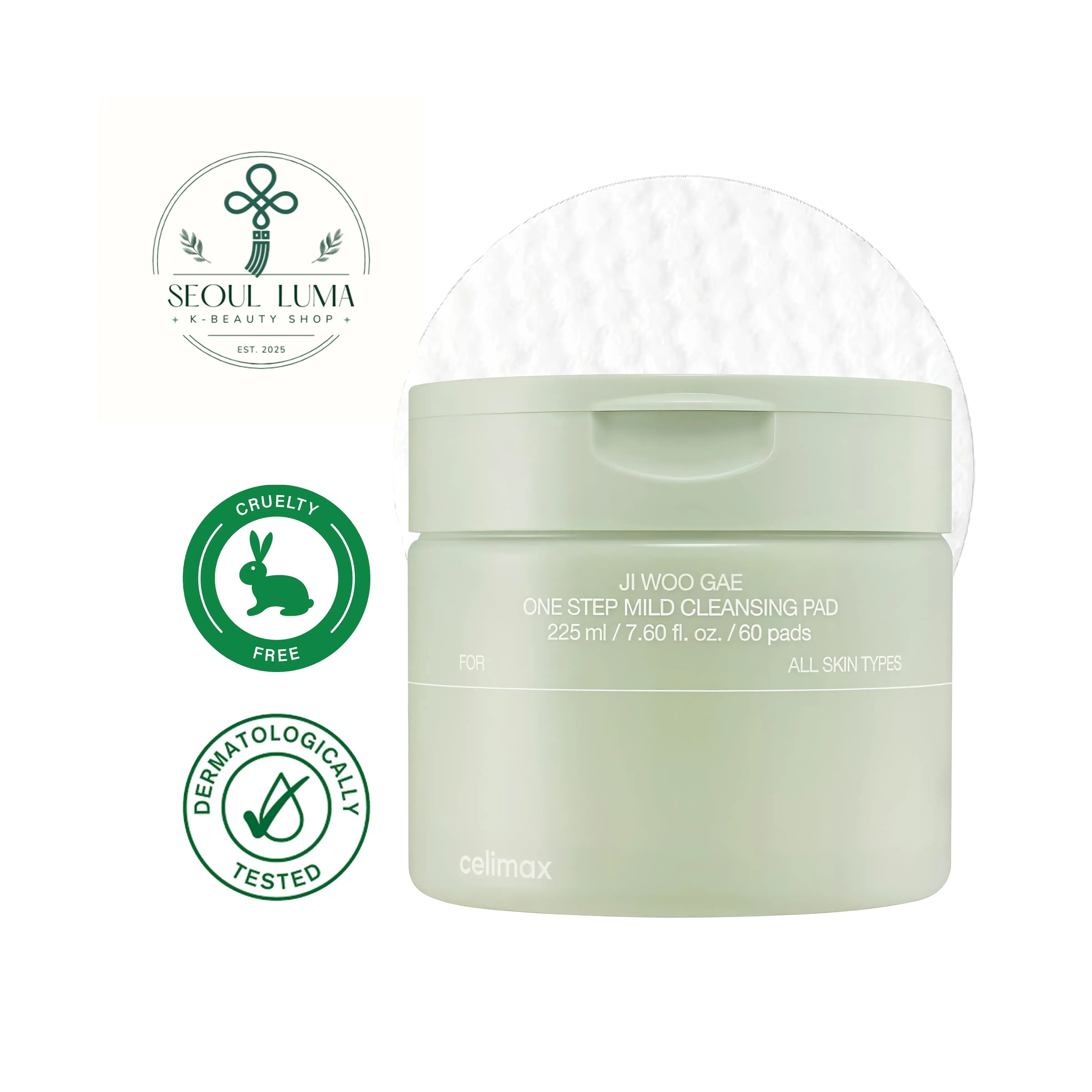 CELIMAX Ji.Woo.Gae One Step Mild Cleansing Pad with 5 hyaluronic acids, heartleaf extract, and pH-balanced formula for gentle makeup removal